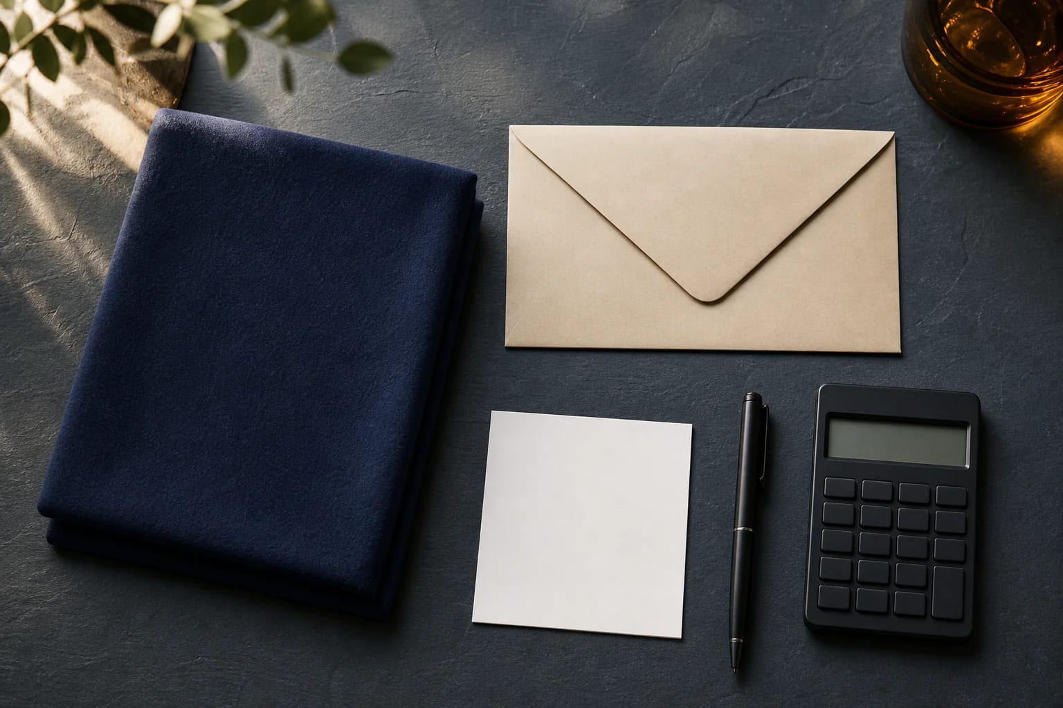 Plain navy cloth, blank envelope and card, pen, and calculator on a slate table