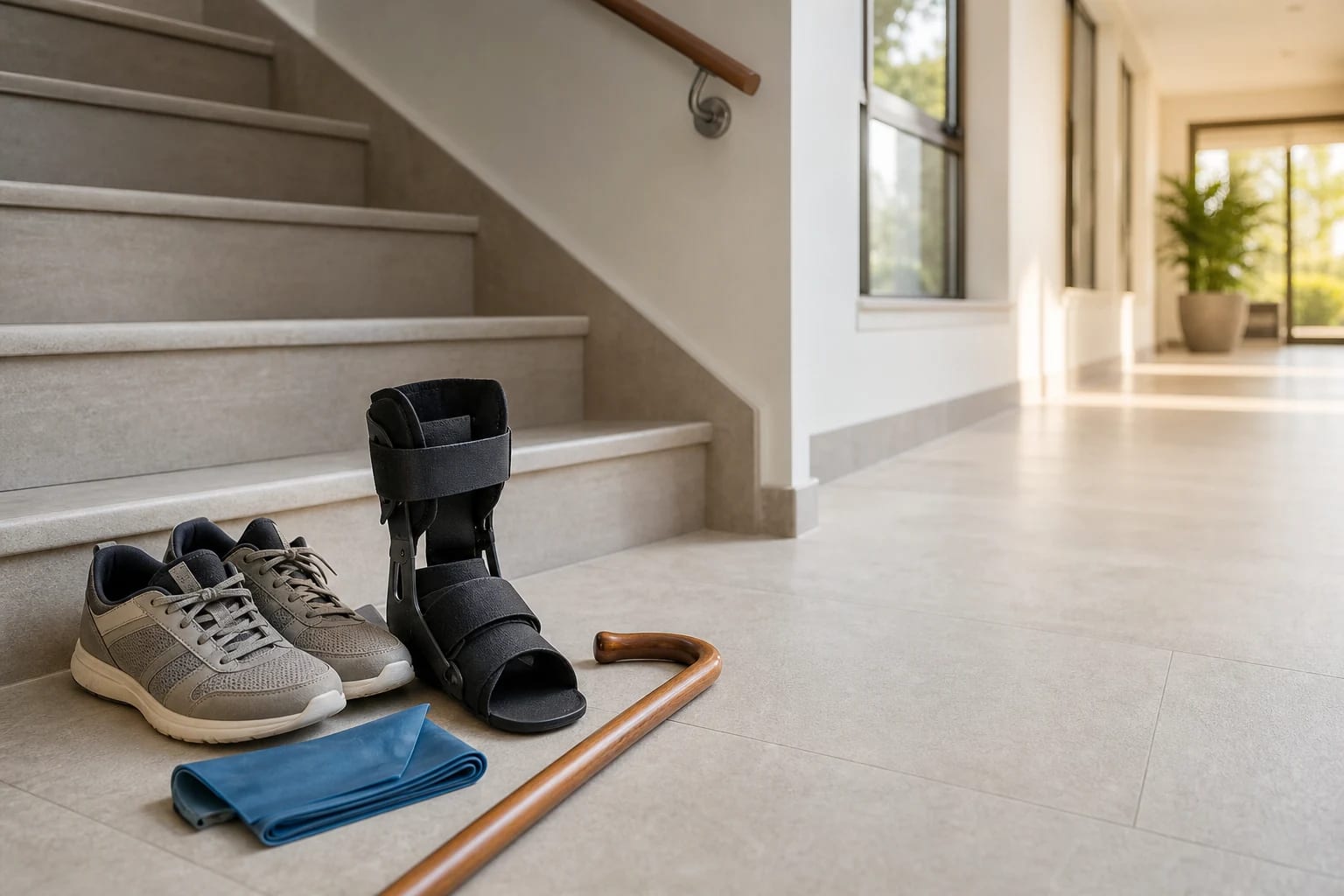 Unbranded ankle brace, walking shoes, resistance band, and cane beside indoor stairs and a level hallway