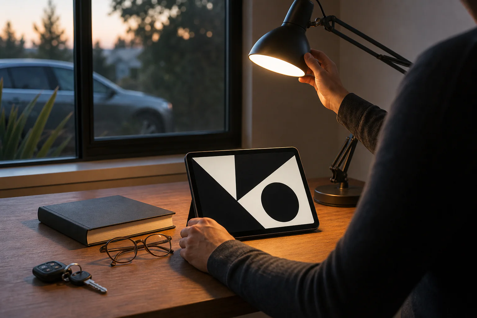 Unbranded eyeglasses beside a tablet and a road map on a calm blue desk