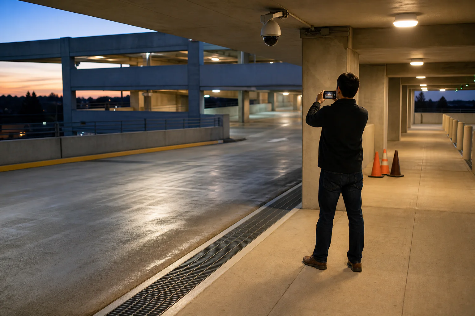 Person photographing a lit parking garage walkway beneath a security camera at dusk