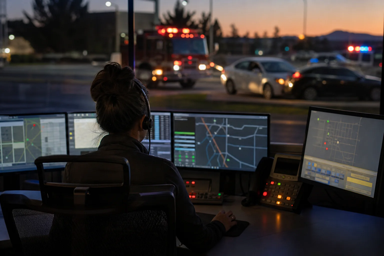 Public-safety dispatcher at an emergency communications console with a non-graphic roadside crash response visible at dusk