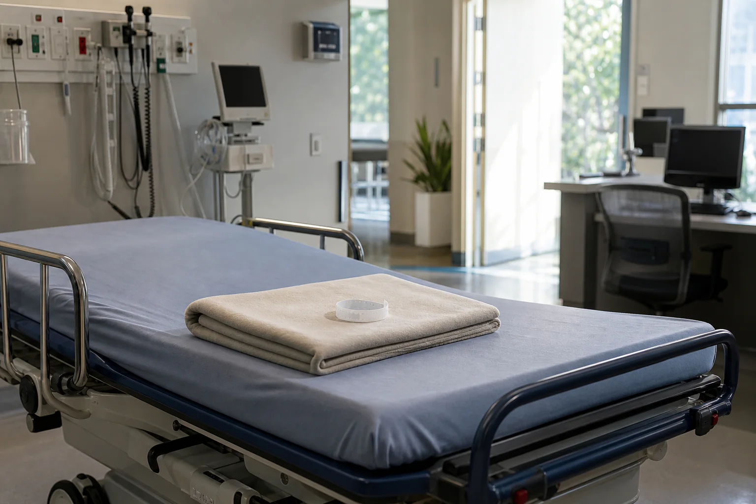 Empty emergency-department treatment bay with a folded blanket and unreadable wristband after a calm discharge handoff