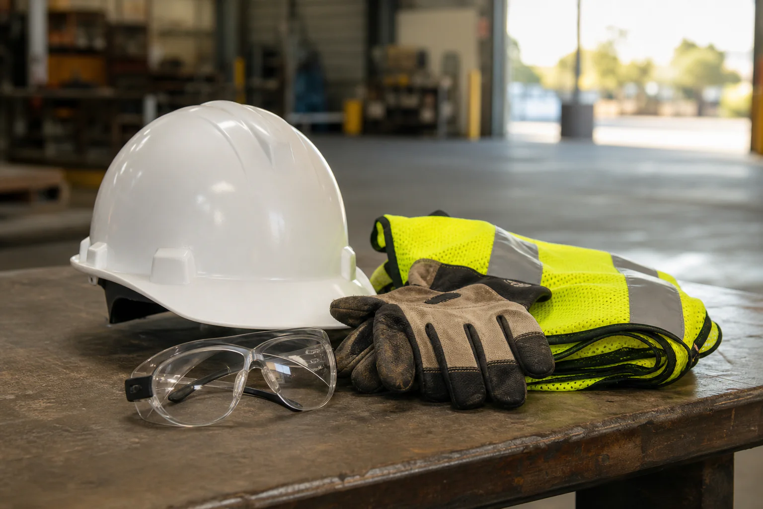 Hard hat, safety glasses, gloves, and high-visibility vest on an empty industrial workbench after a shift