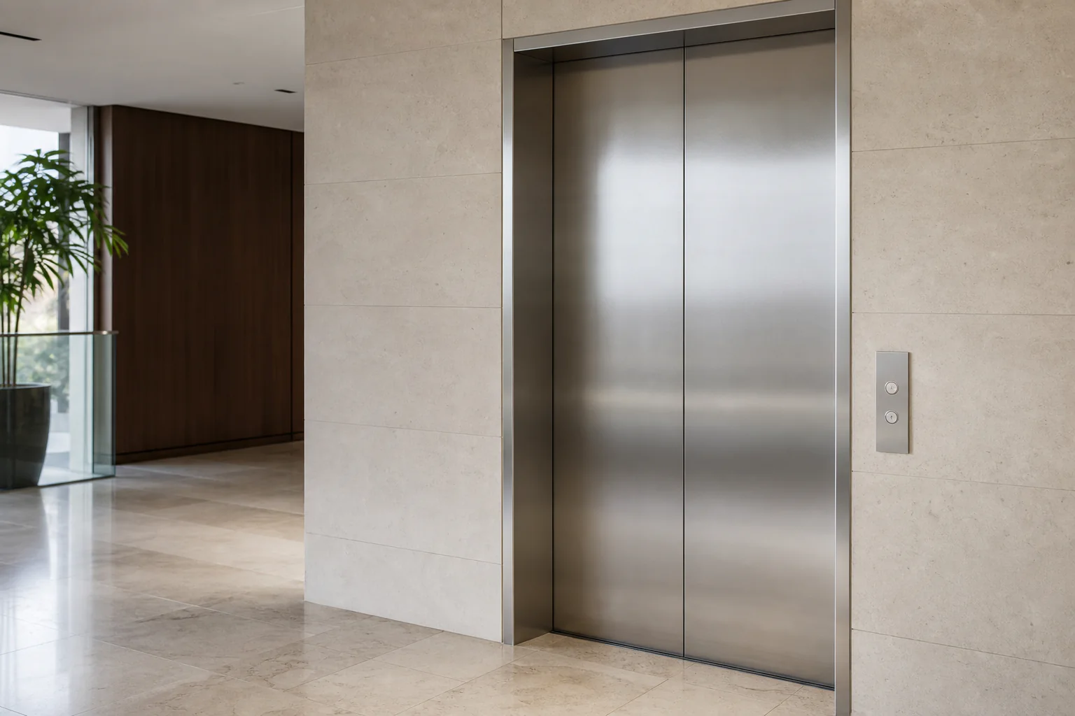 Closed stainless-steel elevator doors in a quiet modern California building lobby