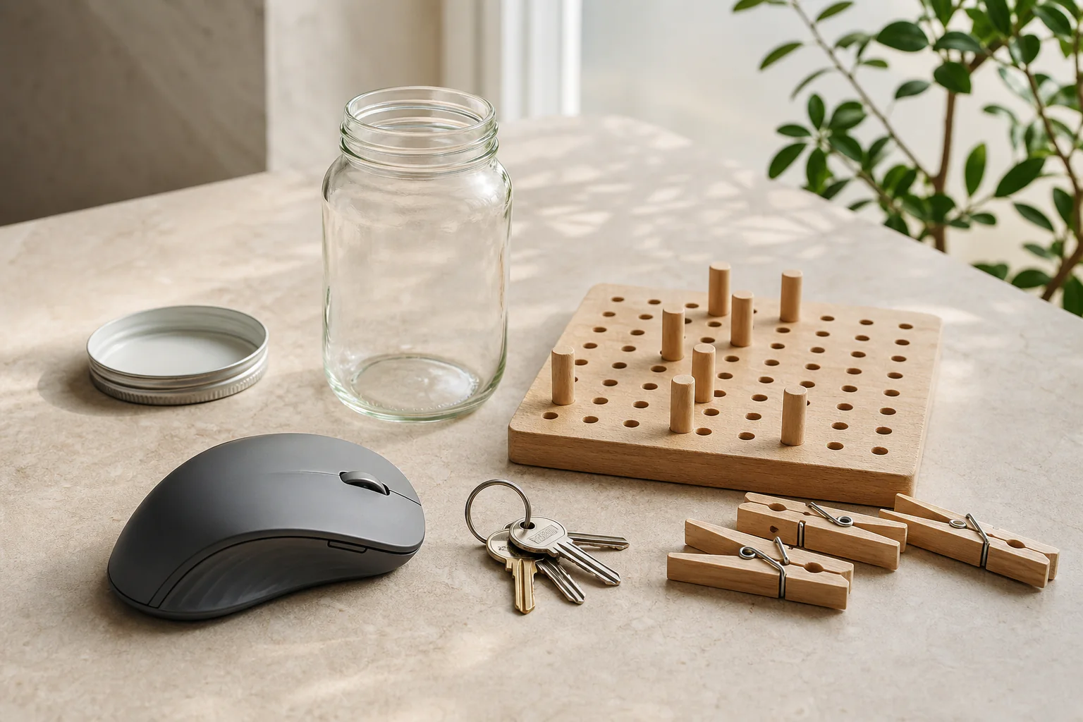 Jar, mouse, keys, clothespins, and a wooden pegboard arranged for everyday hand-use tasks