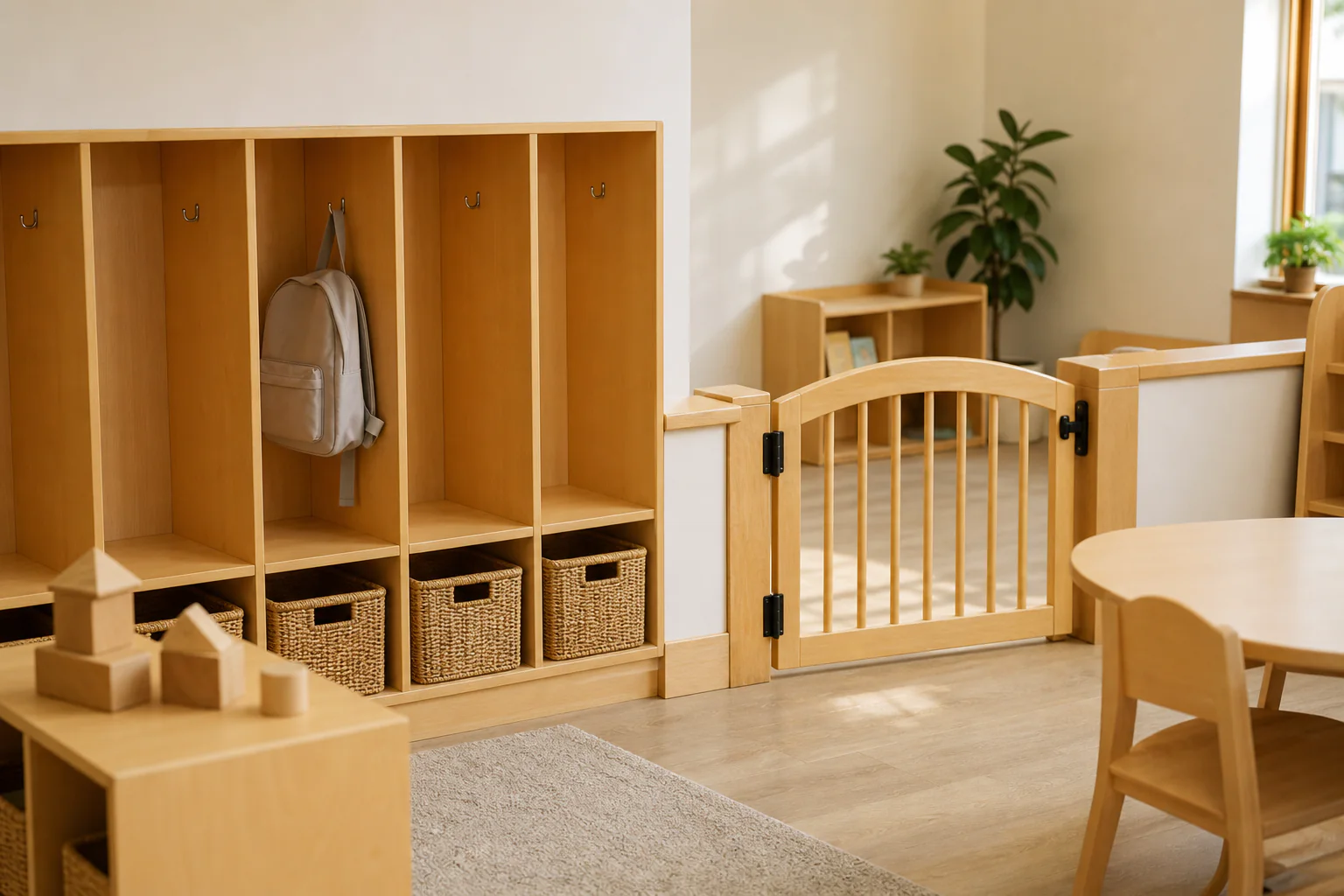 Empty childcare classroom with low wood cubbies, a plain backpack, wooden blocks, and a child-safe gate