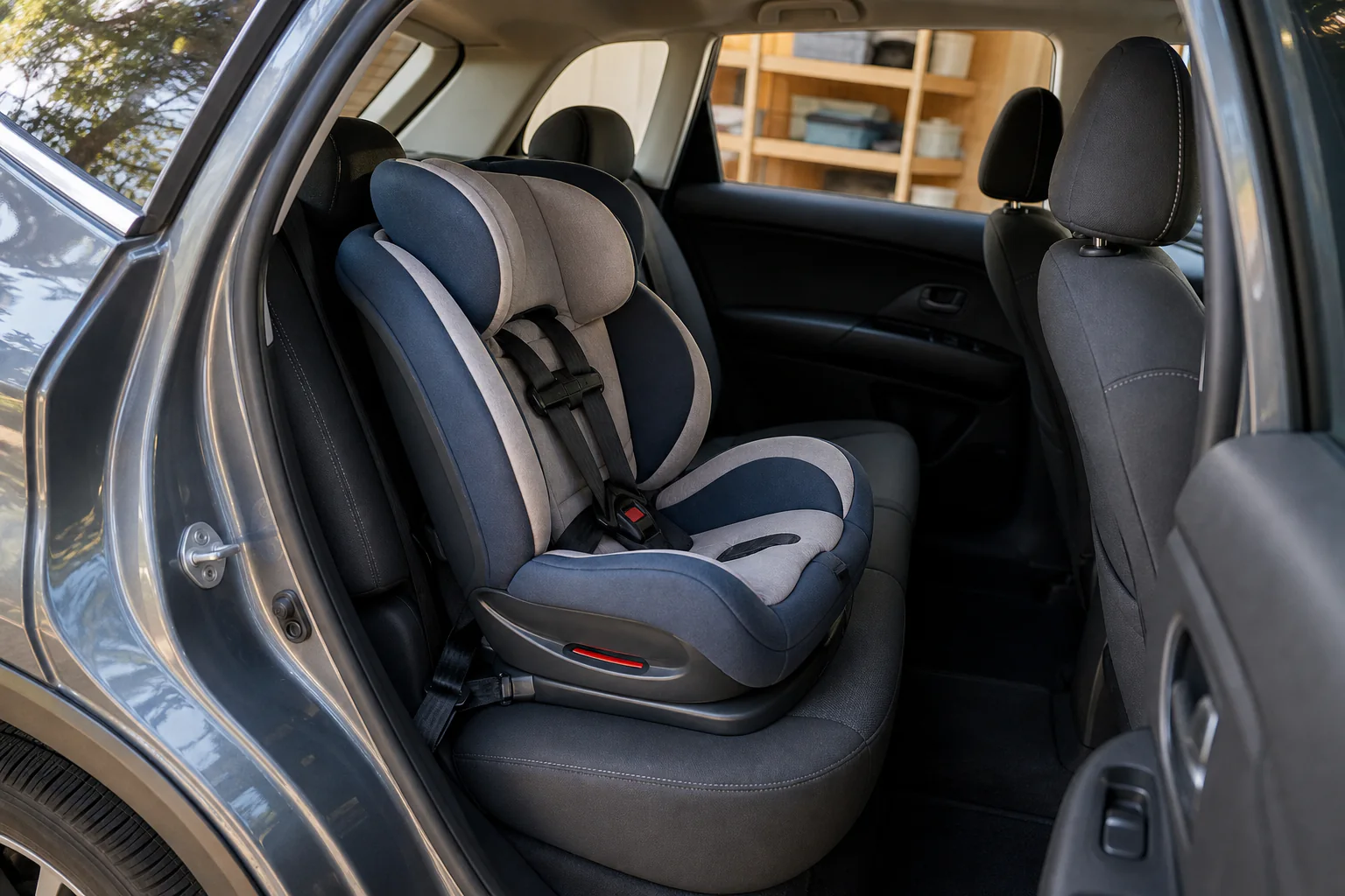 Empty blue-gray child car seat installed in the rear of an unbranded family vehicle with the passenger door open