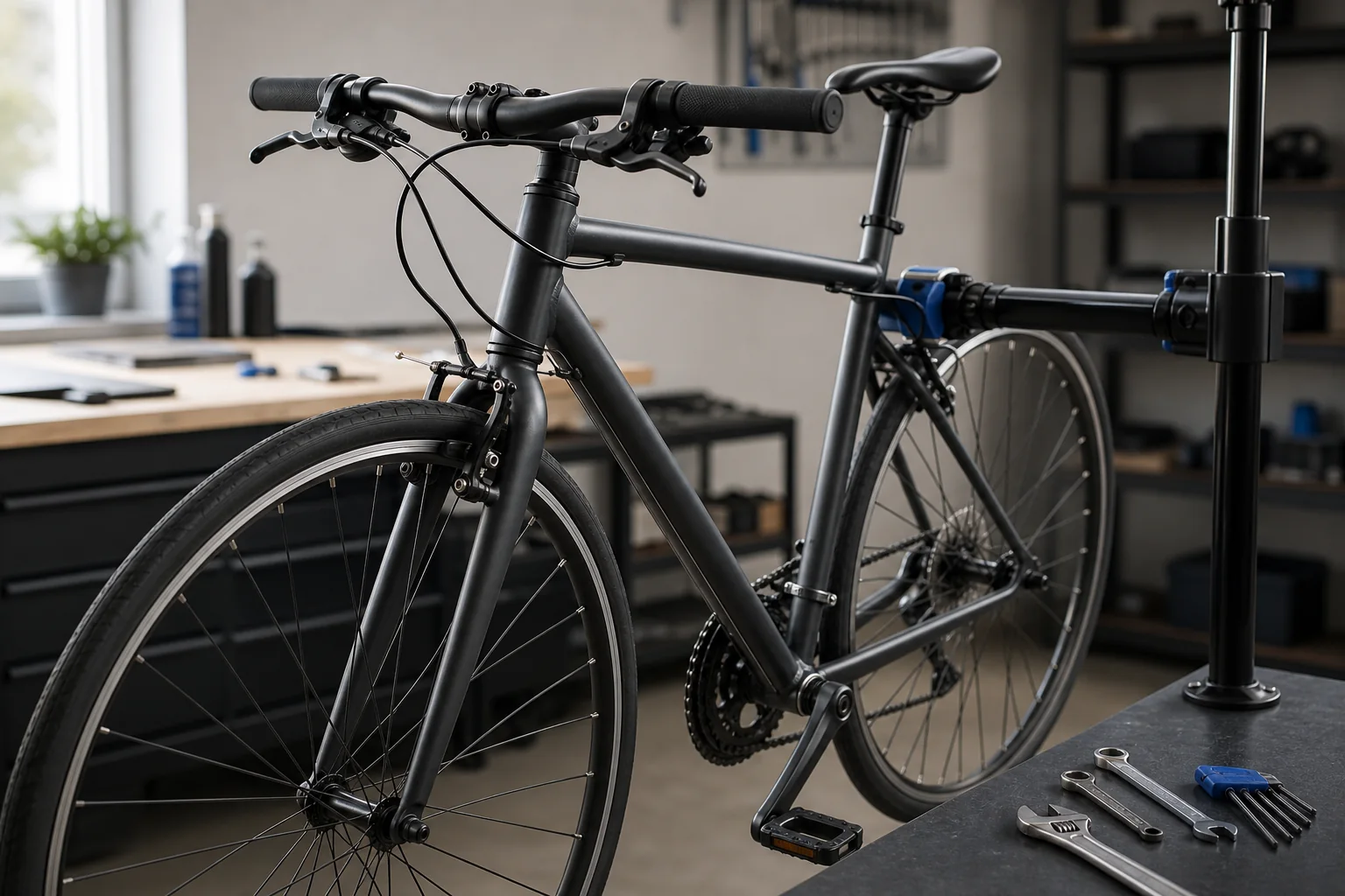Unbranded bicycle secured on a repair stand with its frame, fork, brakes, cables, wheels, and generic tools visible in a clean workshop