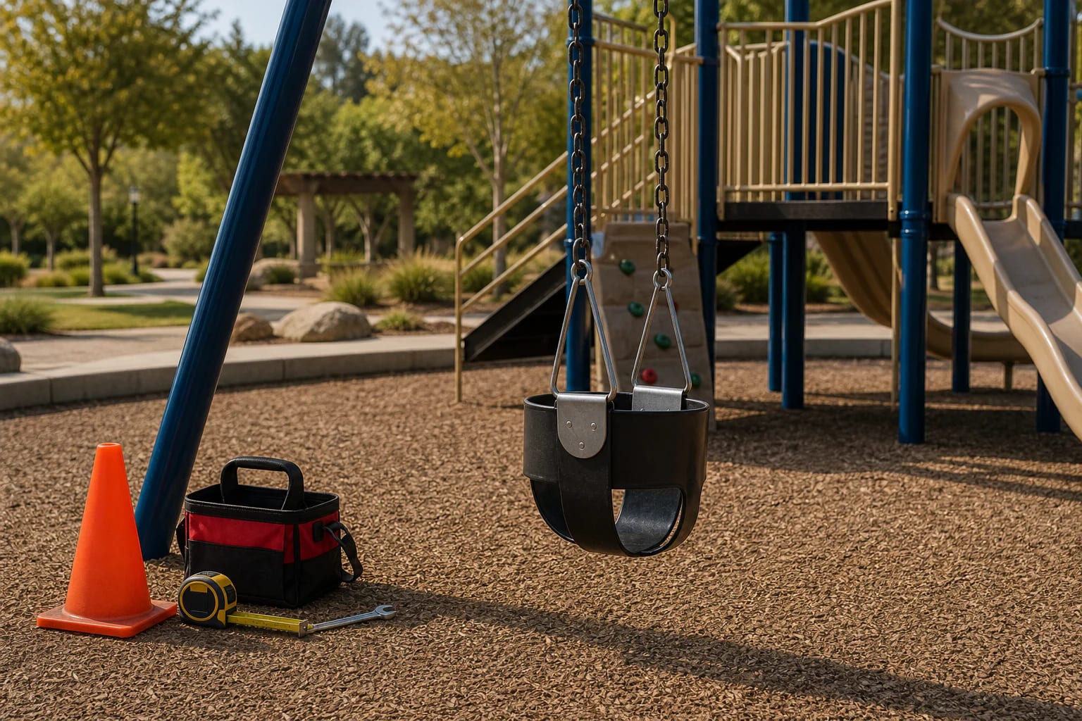 Empty public playground with a swing, protective surfacing, safety cone, tape measure, tool bag, and wrench arranged for inspection
