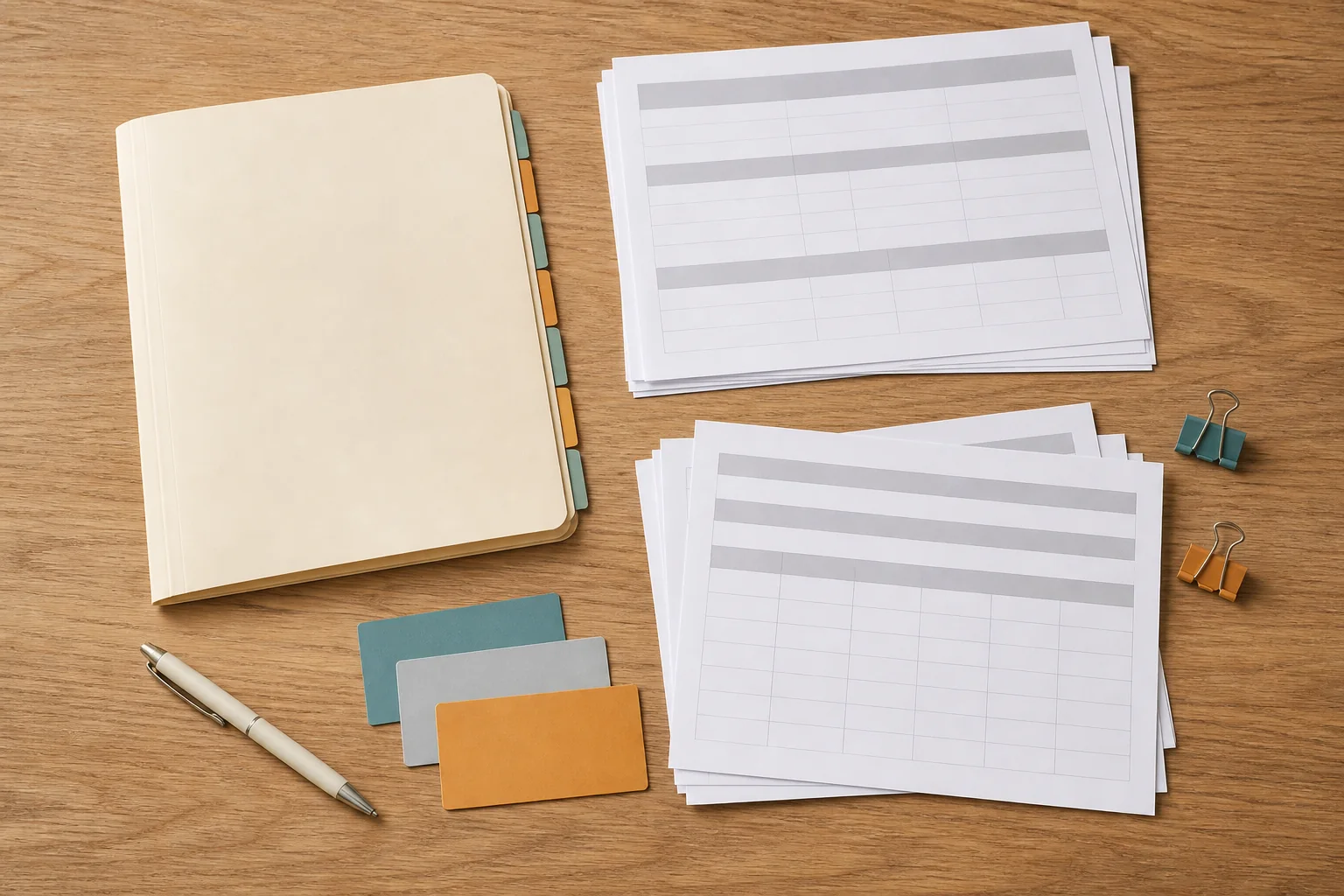 Unbranded hospital billing workspace with abstract line-item papers, color-coded tabs, binder clips, a pen, and a closed folder
