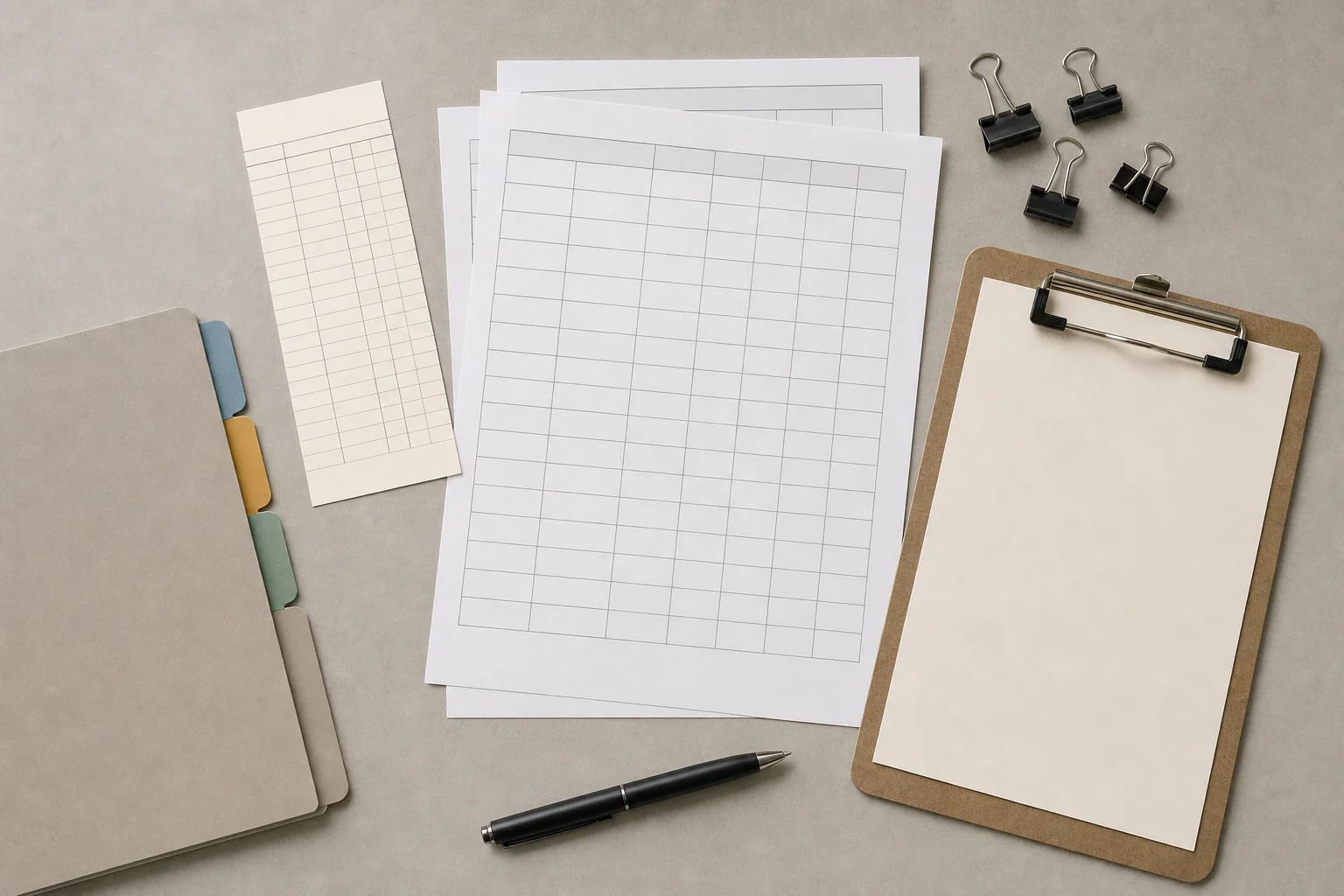 Neutral workplace records desk with blank shift grids, an unmarked timecard, training tabs, a clipboard, binder clips, and a pen