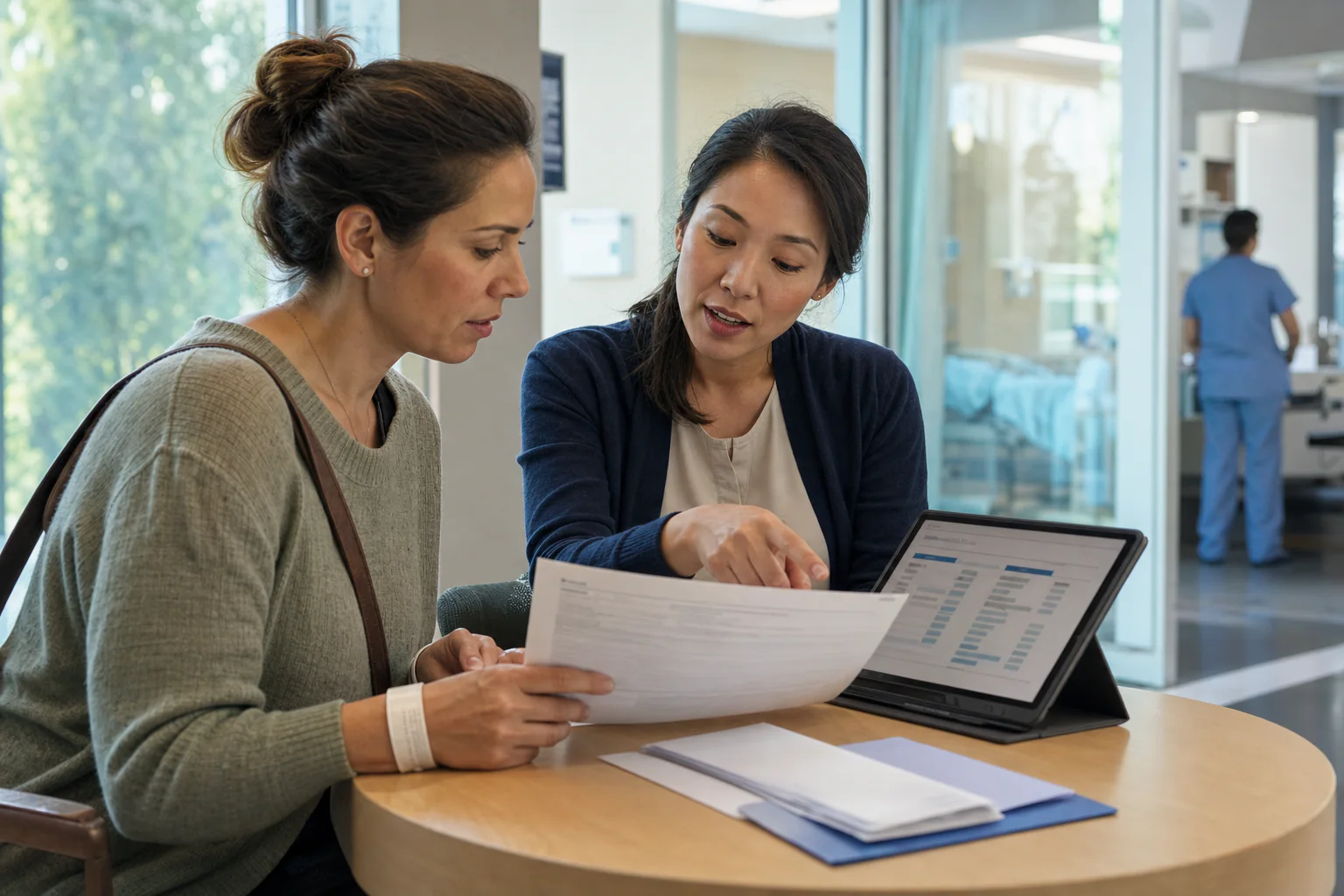 Patient and hospital billing advocate reviewing itemized charges in a hospital financial counseling area