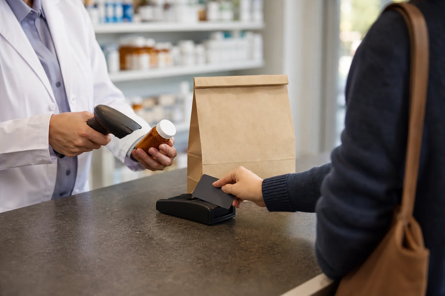Pharmacist scanning an unbranded amber prescription bottle while a patient taps a plain payment card at a pharmacy counter
