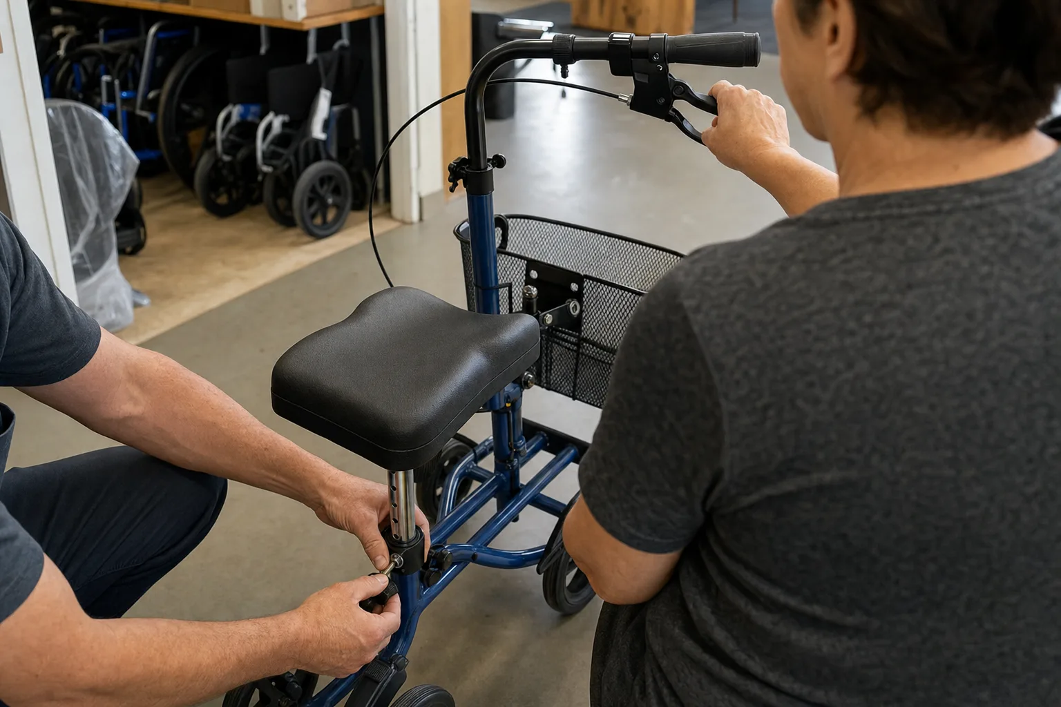 Equipment technician adjusts a rented knee walker while an injured adult tests its hand brake in a medical equipment fitting bay