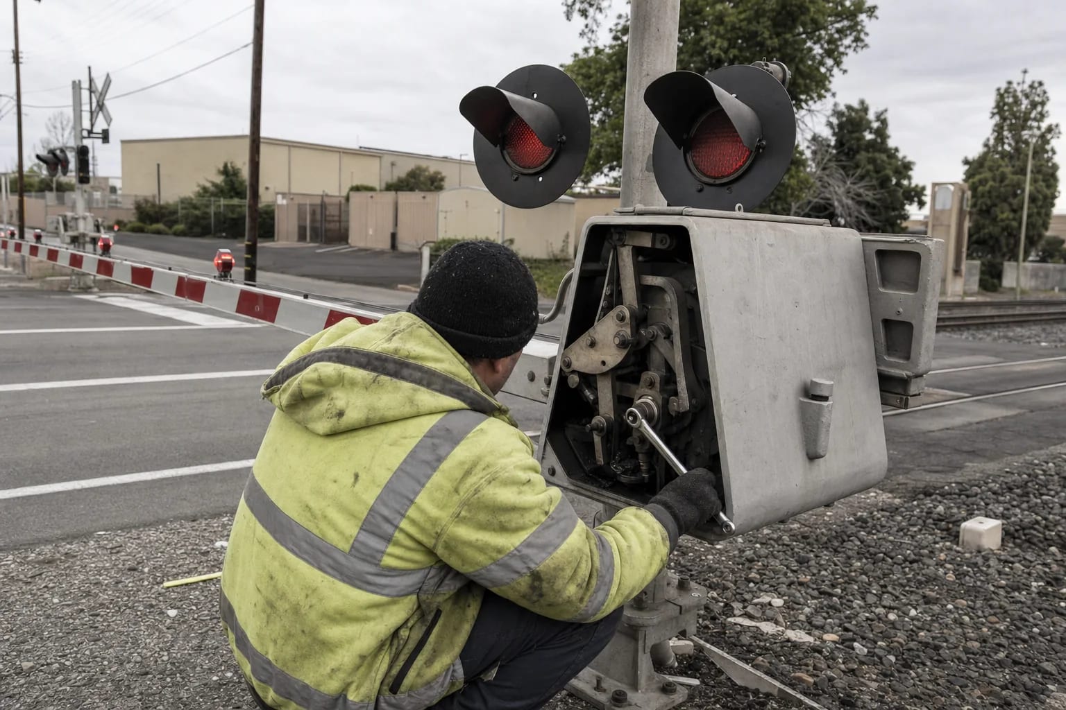 Rail signal maintainer inspects an open grade-crossing gate-drive mechanism with a torque wrench beside lowered gates and tracks