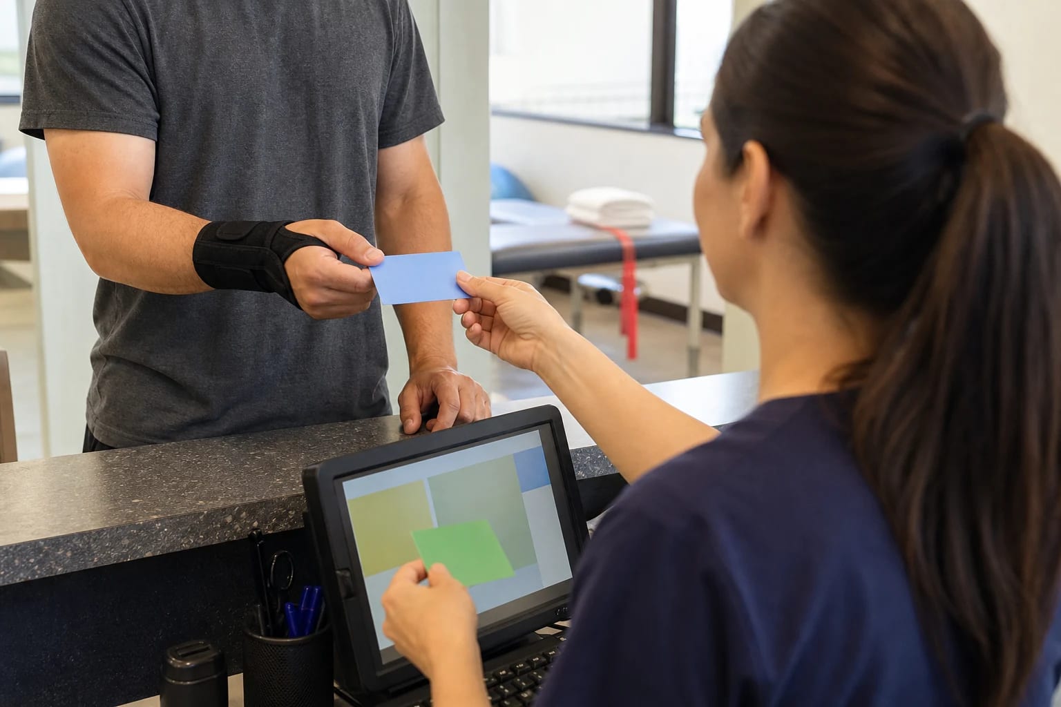 Wrist-braced patient exchanges blank color-coded appointment cards with a scheduling coordinator at an outpatient therapy clinic