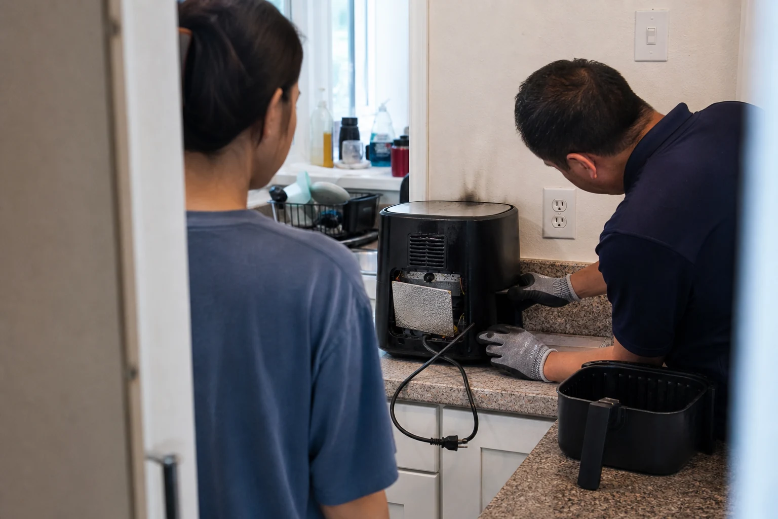 Gloved appliance technician inspects the opened rear of an unplugged heat-damaged air fryer while its owner watches in a home kitchen