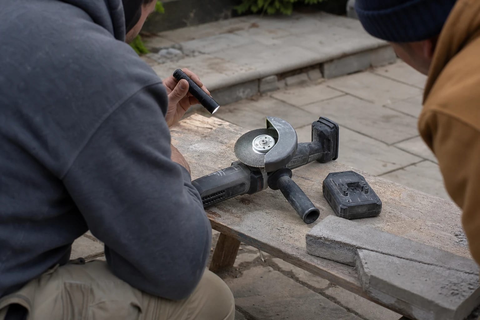 Two adults inspect an unbranded cordless angle grinder wheel and metal guard beside its removed battery and cut masonry on an outdoor workbench