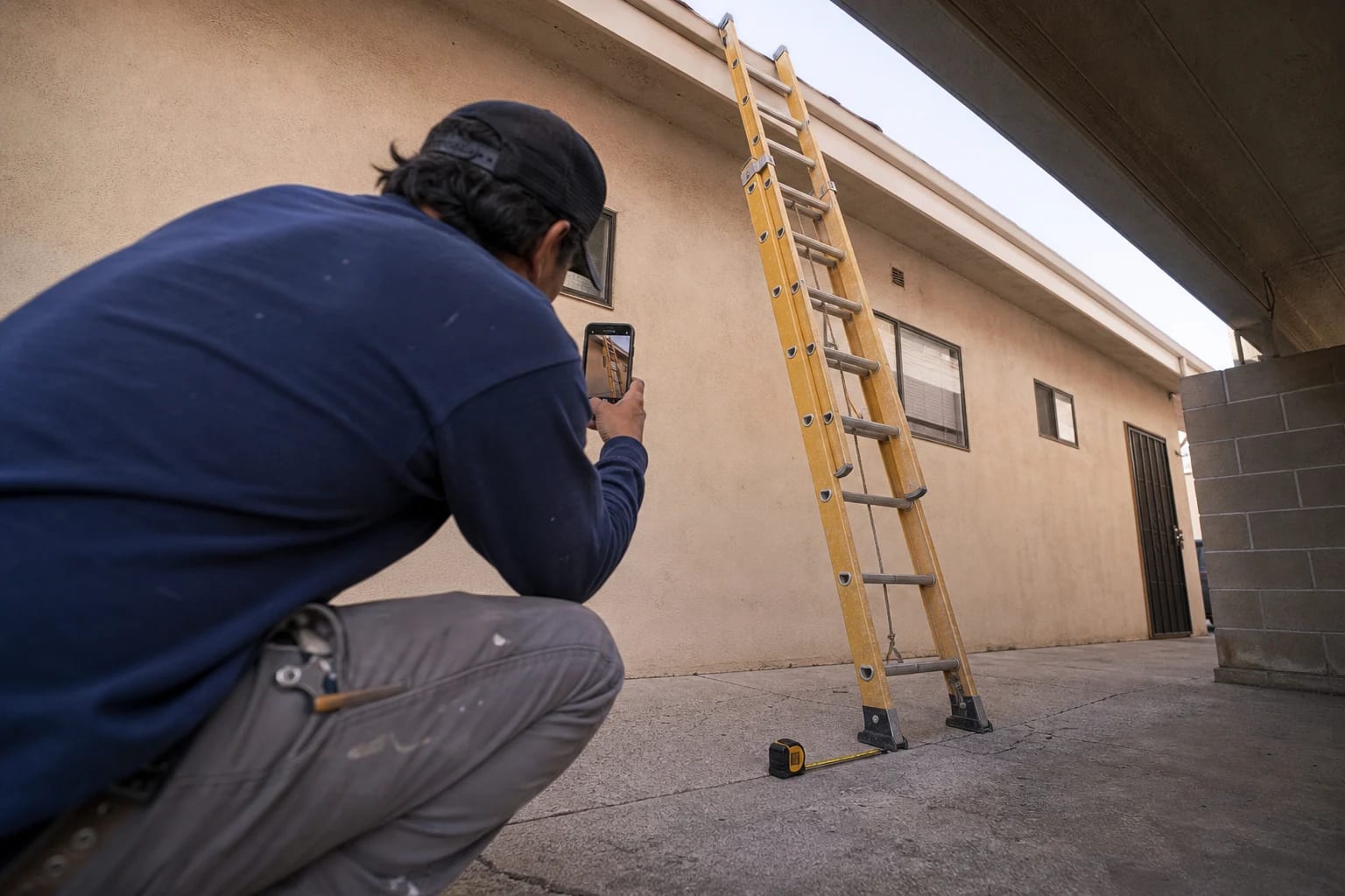Apartment maintenance worker photographs both feet and the setup of an unbranded fiberglass extension ladder before it is moved