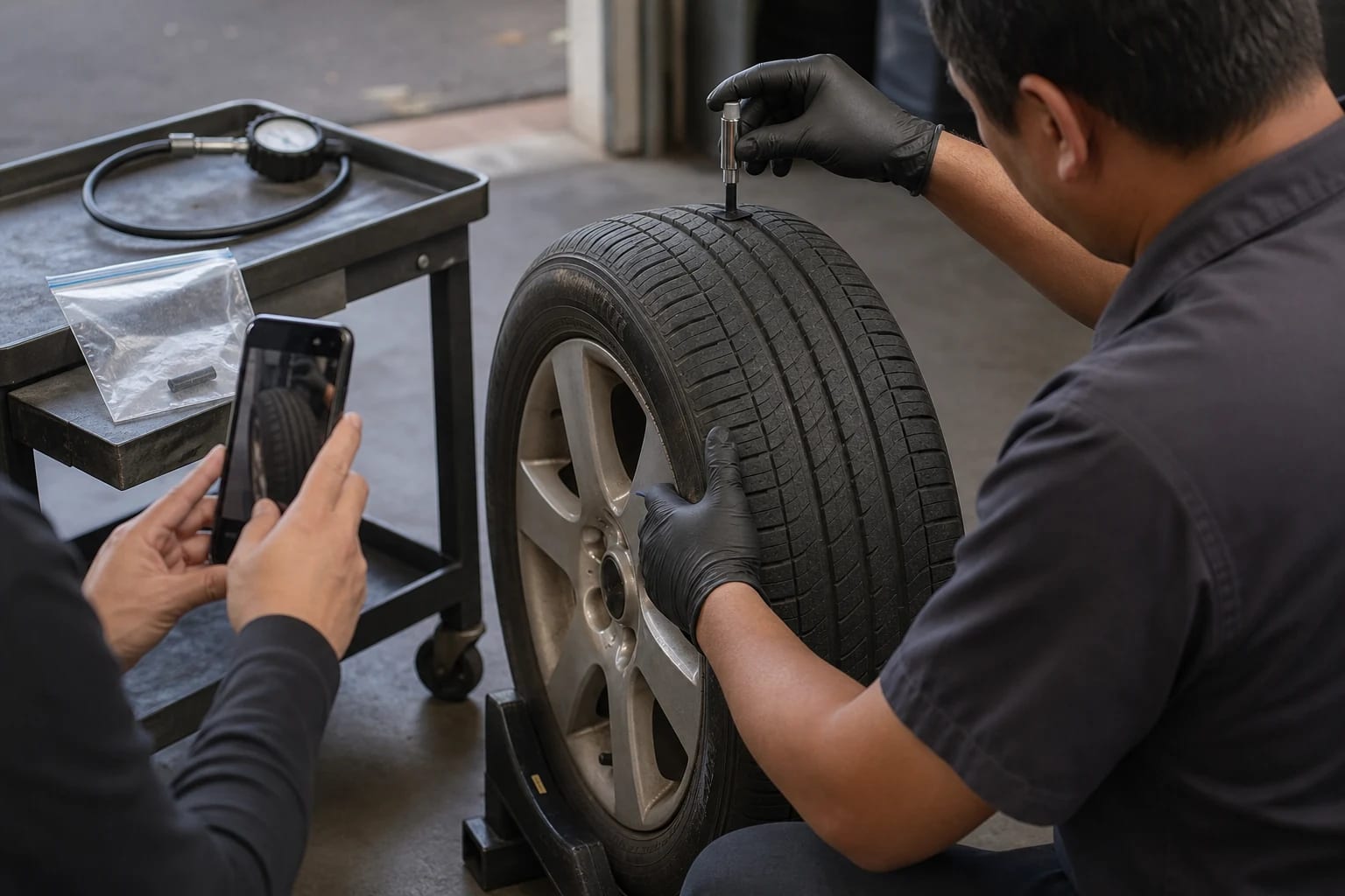 Tire technician measures a central tread groove on a removed sedan wheel while another adult photographs the inspection