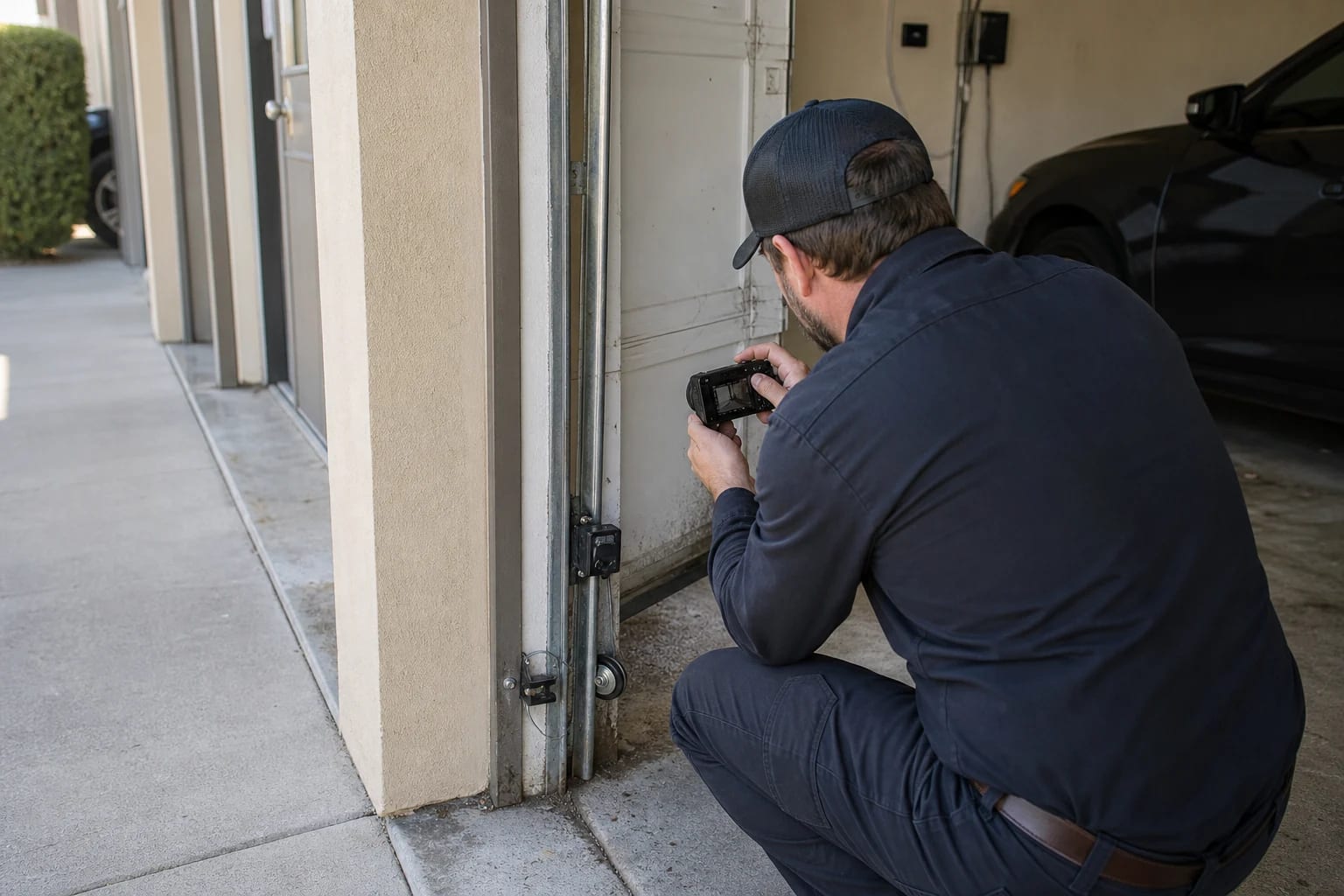 Garage door technician photographs a low-mounted safety sensor and track condition from outside an apartment garage door path