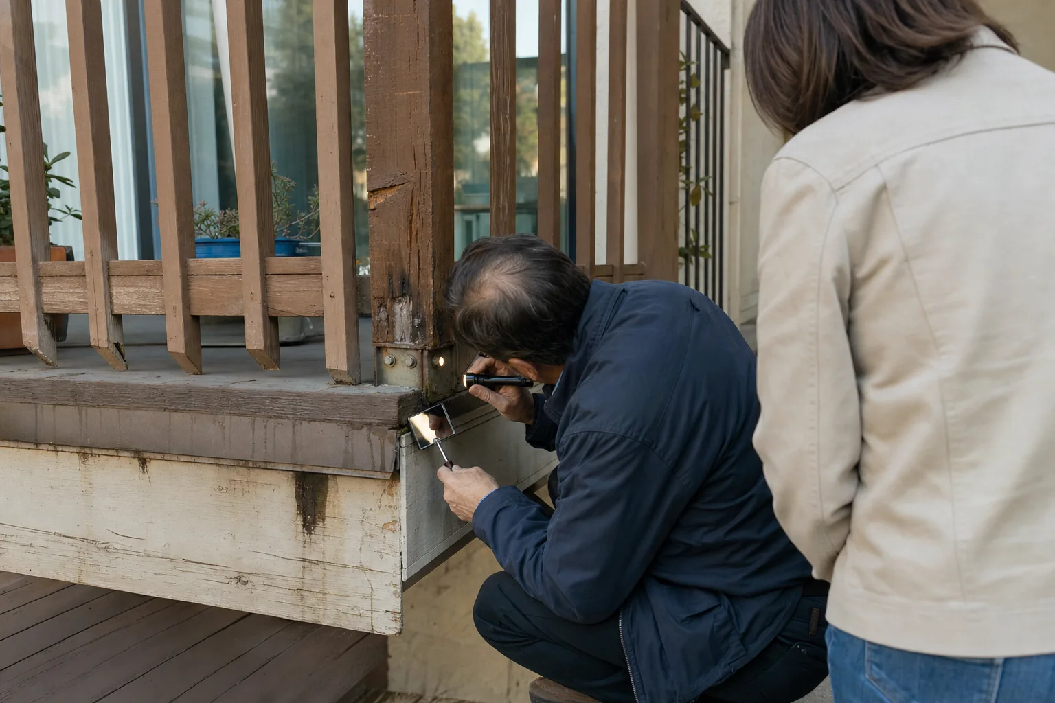 Building inspector uses a flashlight and small mirror to examine a weathered wood balcony railing base and edge connection at an apartment property