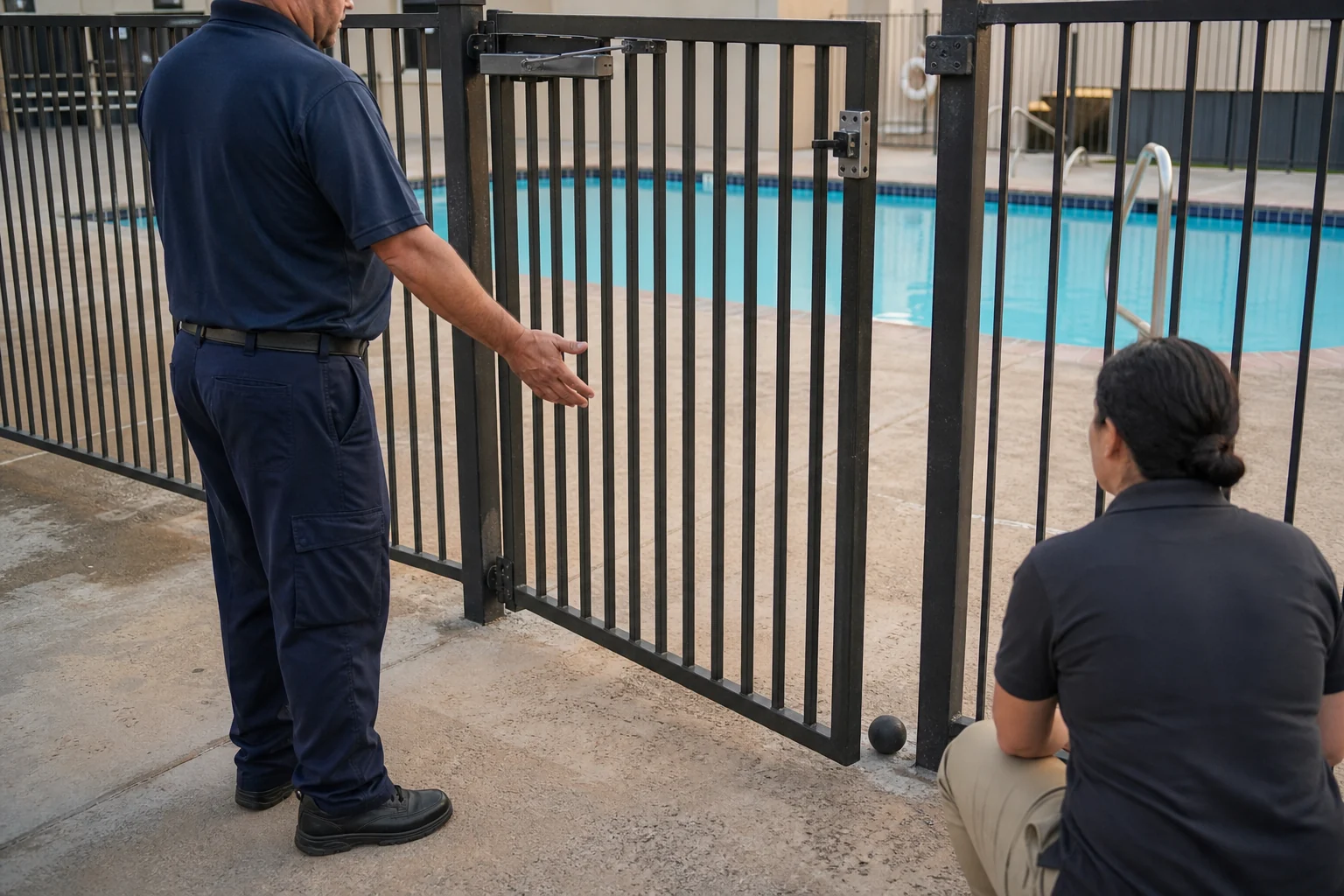 Pool technician releases a self-closing metal perimeter gate and watches its high latch engage beside an apartment swimming pool