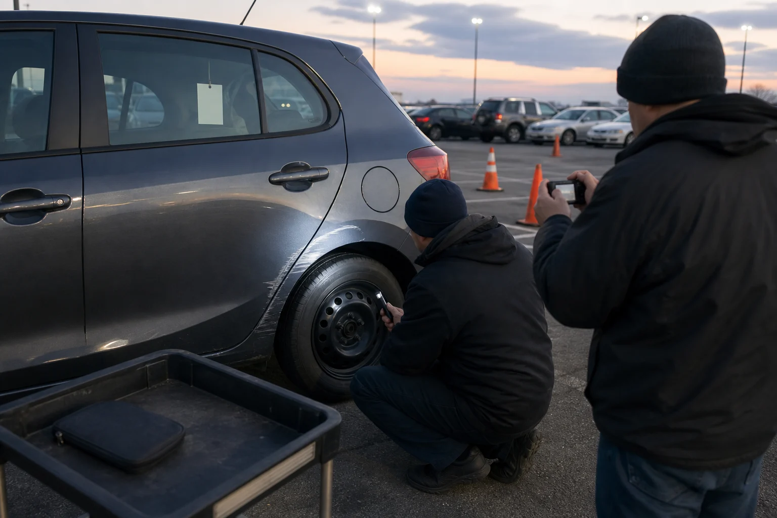Rental-lot inspectors photograph a scraped rear wheel arch on an unbranded rental car during a return-lane condition check