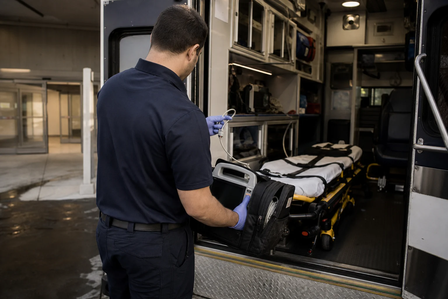 EMT checks a portable vital-sign monitor and secured empty stretcher in an unbranded ambulance after a hospital handoff