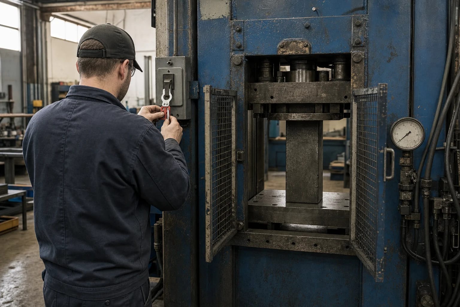 Maintenance technician applies a personal lockout device beside an open guarded hydraulic press secured by a steel ram block