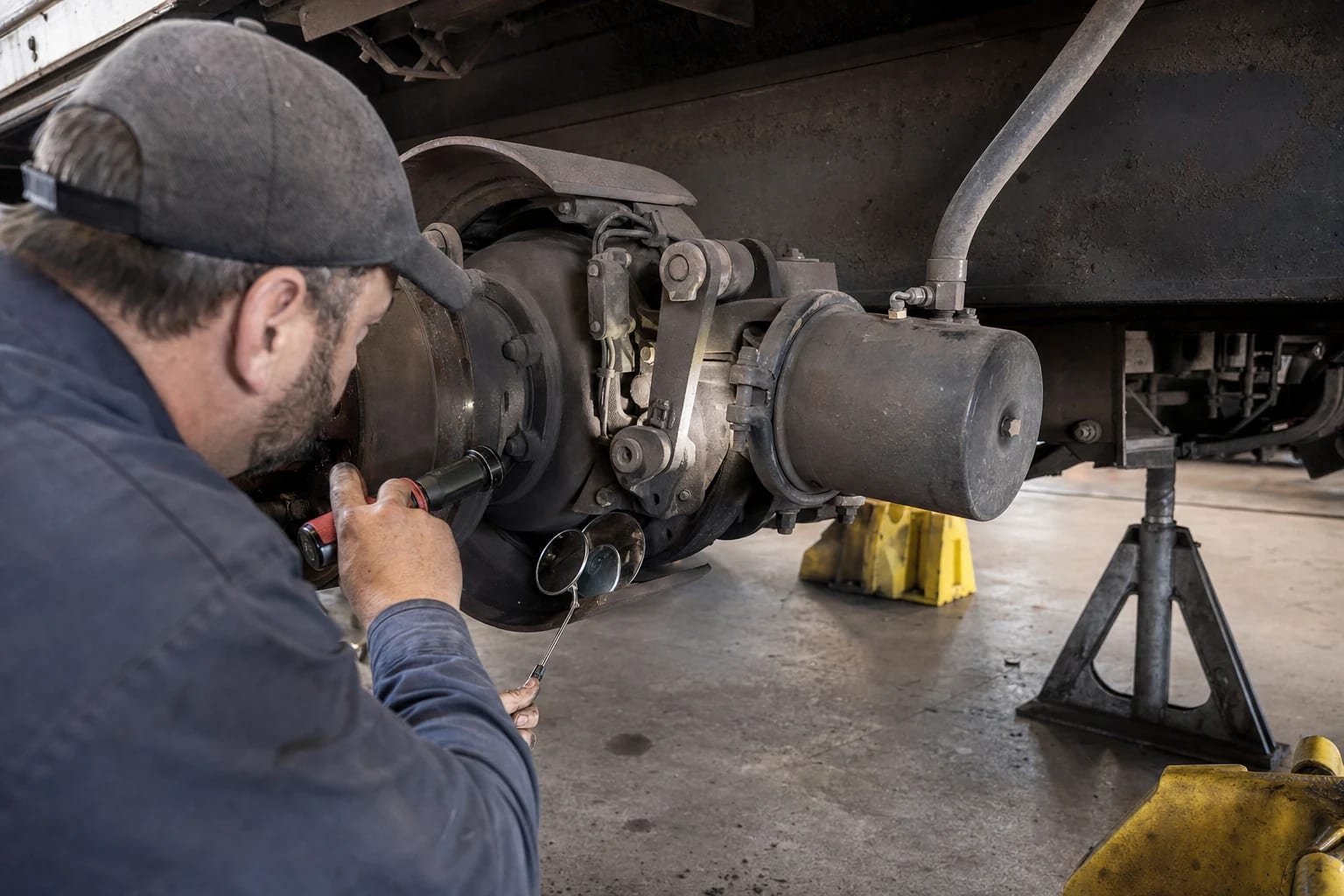 Commercial-vehicle technician inspects an exposed tractor-trailer air-brake chamber, hose, and linkage with a flashlight and mirror