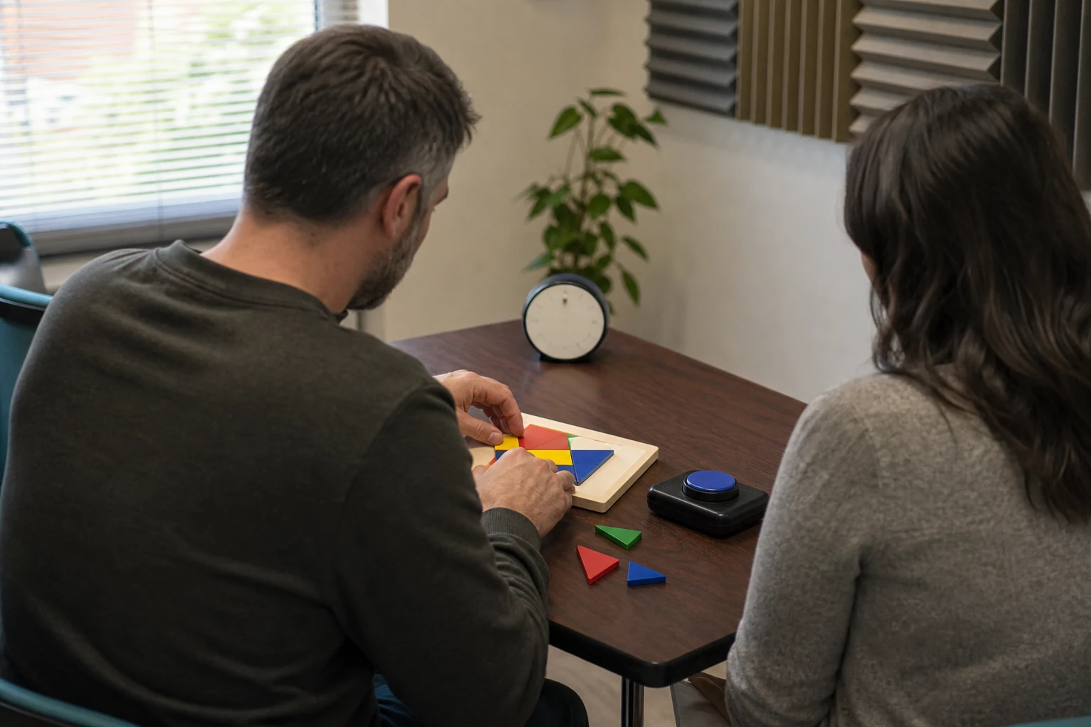 Adult completes an unbranded geometric pattern task while a neuropsychology clinician observes in an outpatient assessment room
