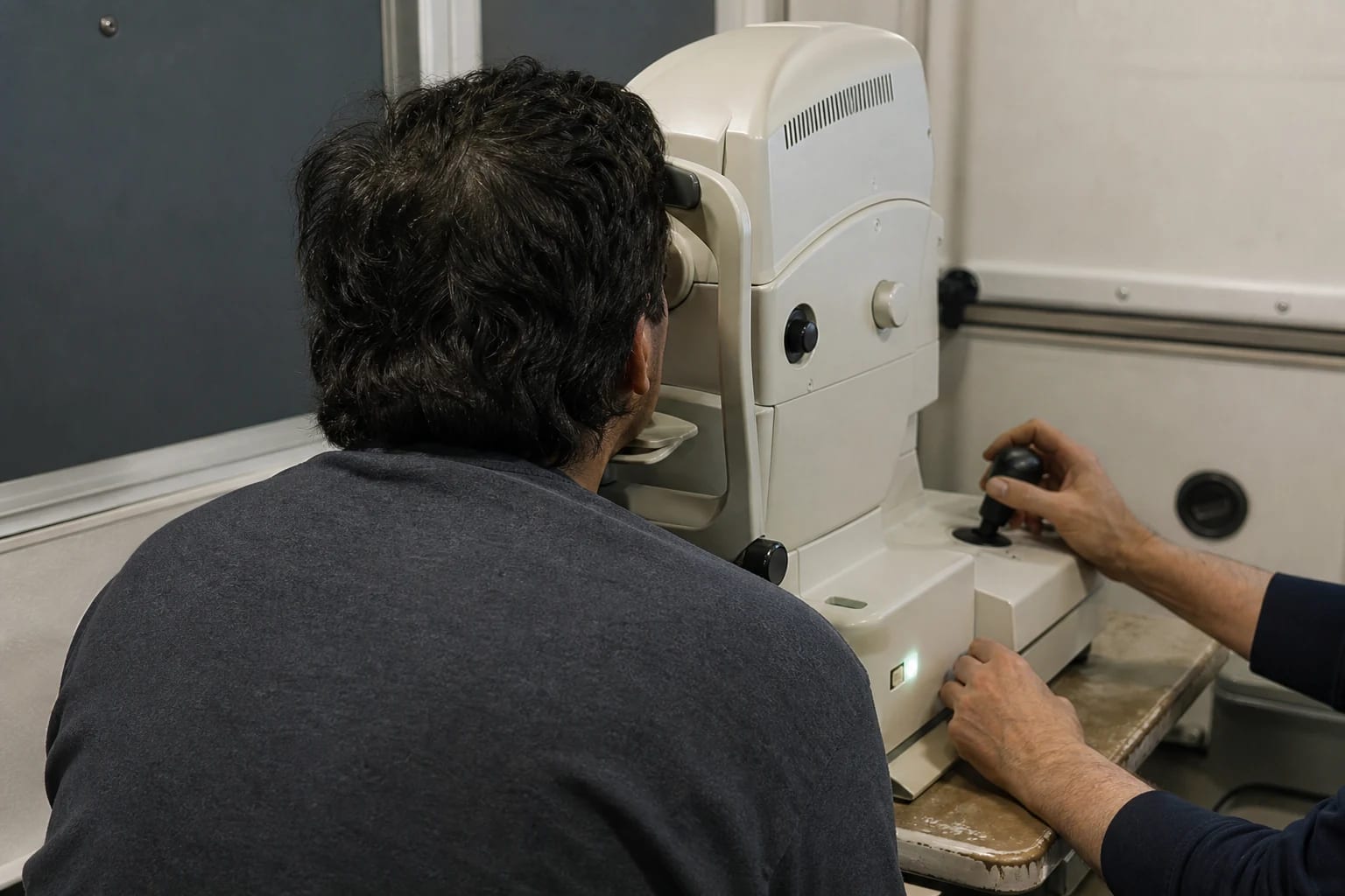 Adult patient undergoes unbranded retinal imaging while an ophthalmic technician operates the focus control from a rear-oblique angle