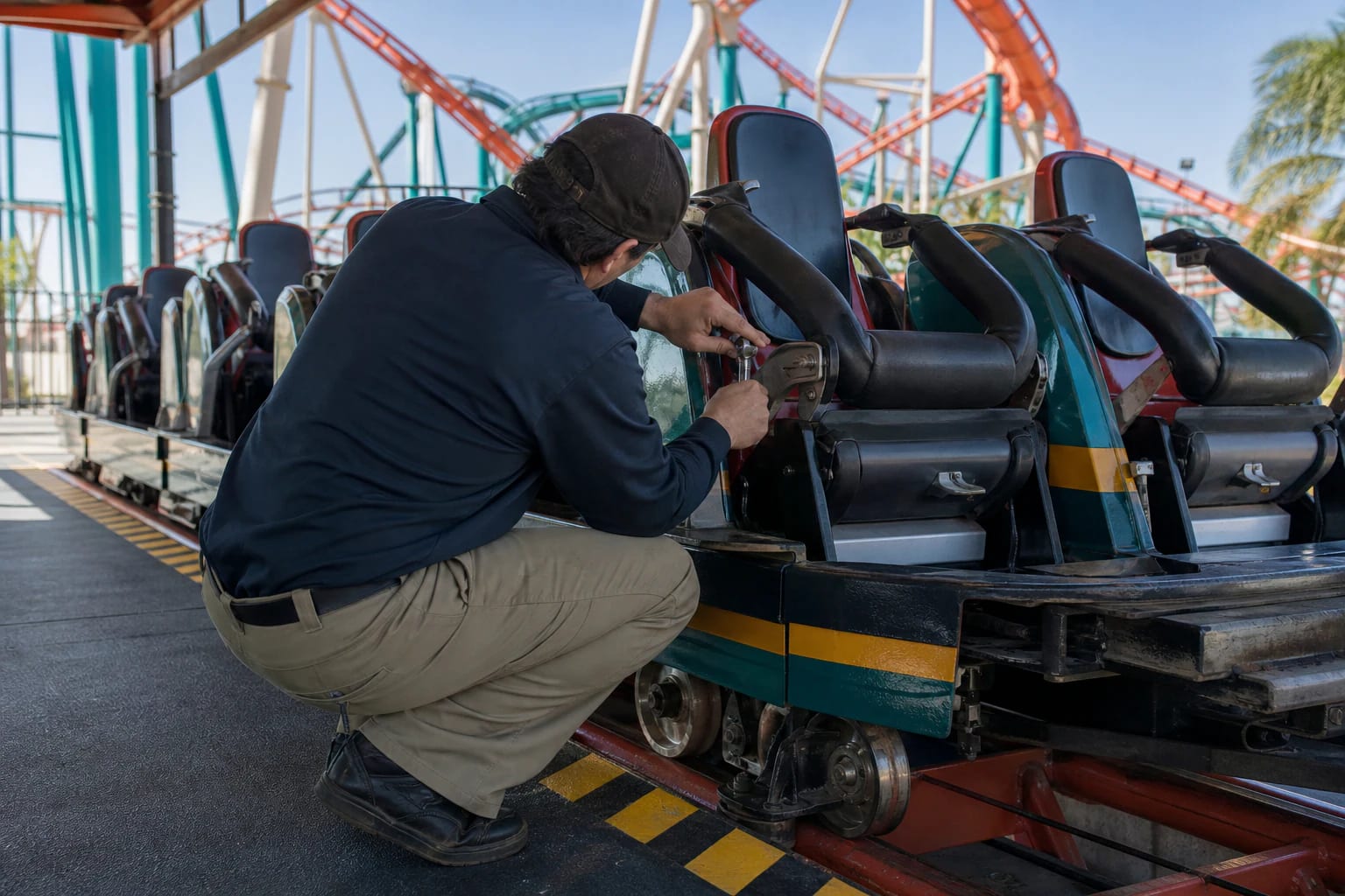 Ride technician inspecting a roller-coaster lap-bar latch at an outdoor loading platform