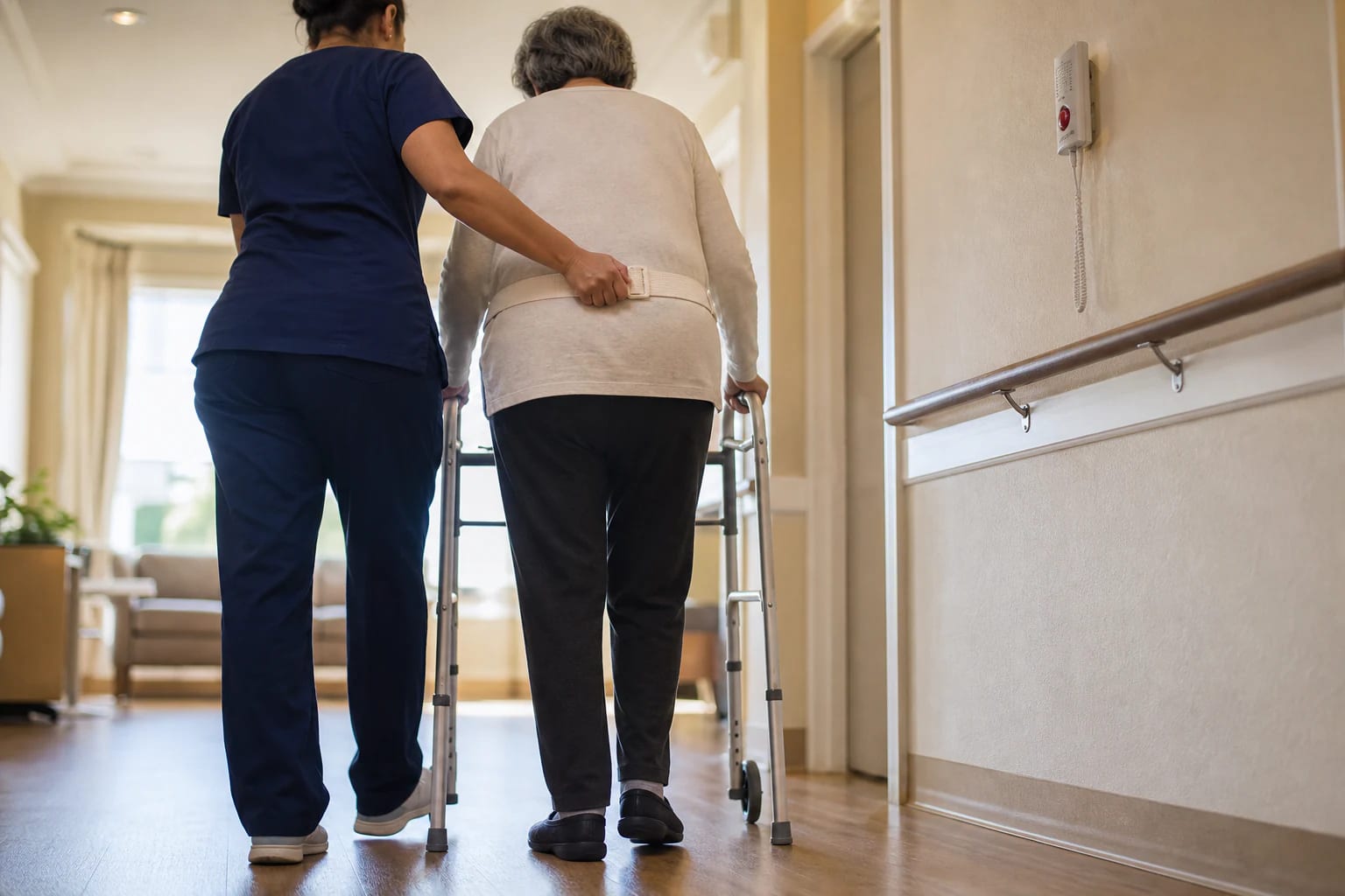 Caregiver using a gait belt to assist an older adult walking with a front-wheeled walker in a nursing facility corridor