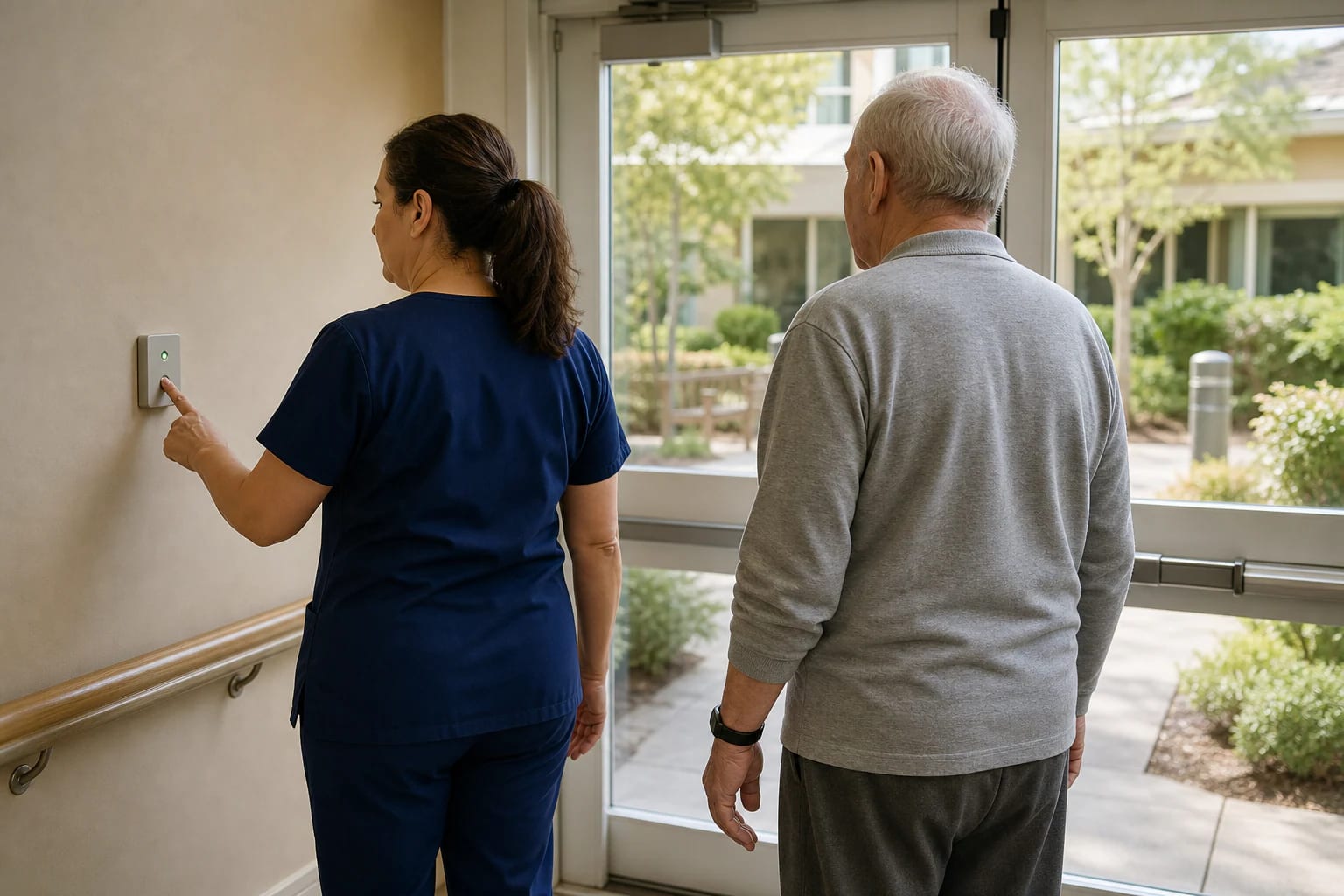 Caregiver testing an exit-alert control beside an older nursing-facility resident wearing a safety band at a secured courtyard door