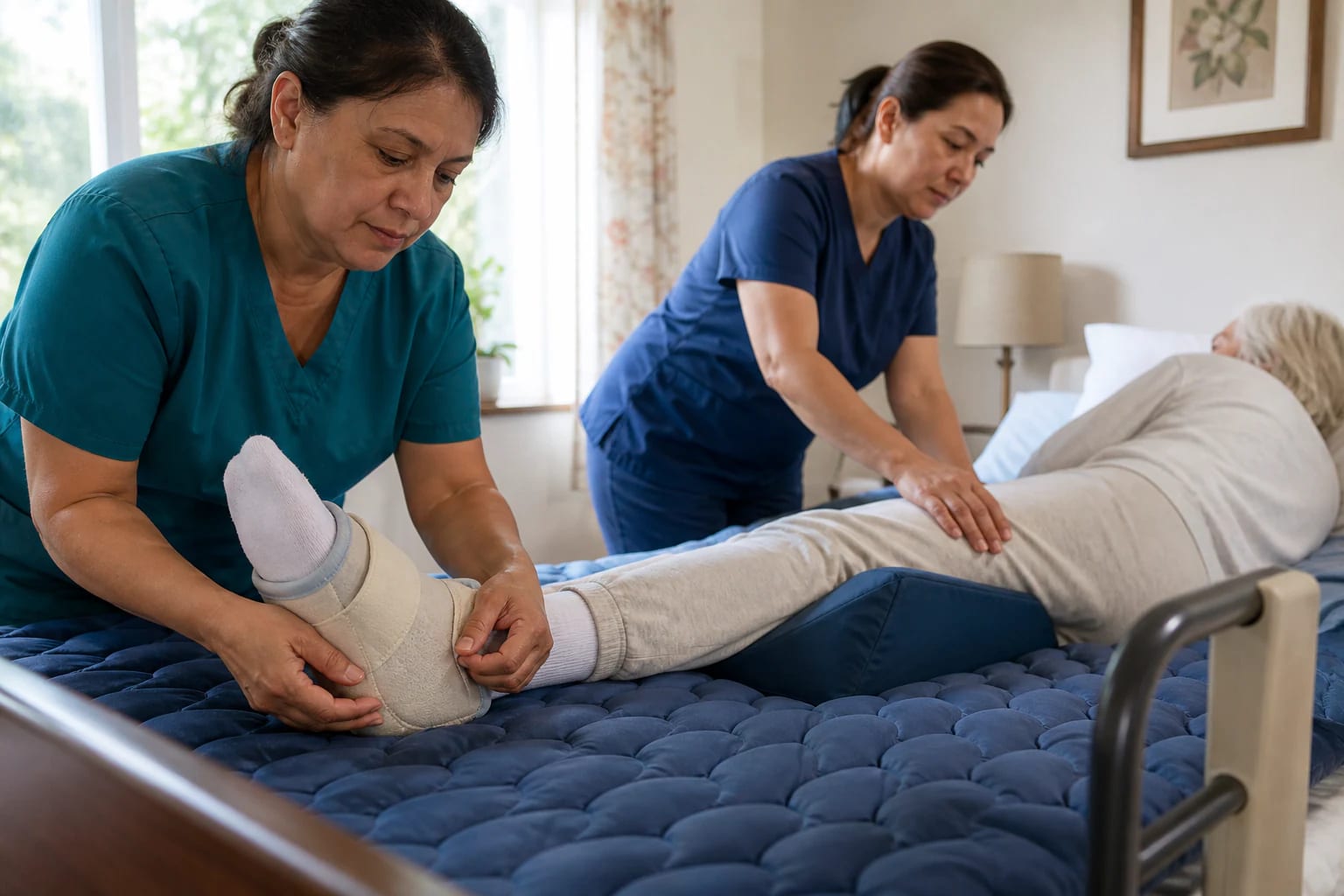 Caregiver fitting a heel-offloading boot while another adjusts a positioning wedge and pressure-redistributing mattress for an older resident