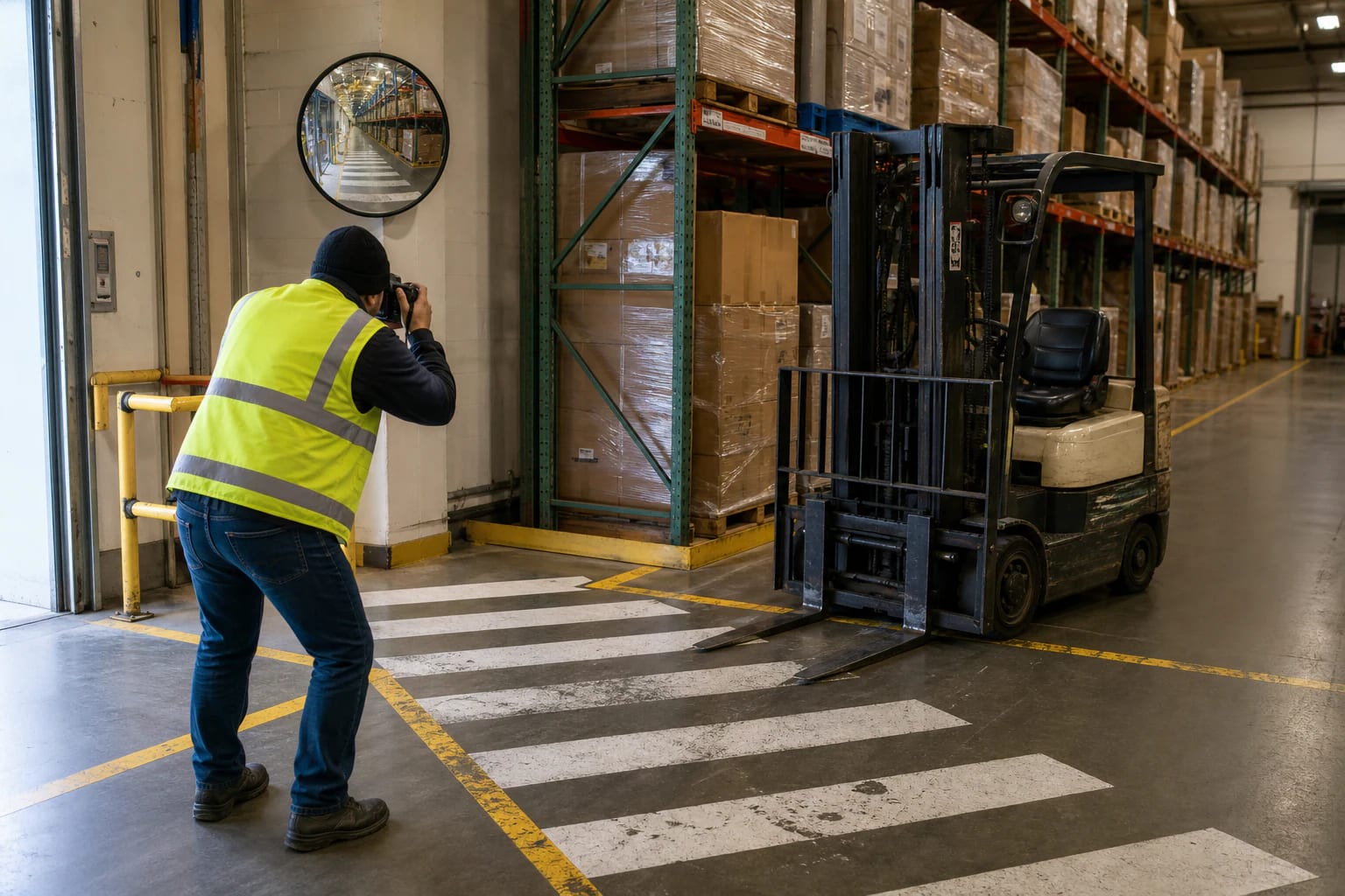 Warehouse safety worker photographing a convex blind-corner mirror and marked pedestrian crossing beside a parked forklift with lowered forks