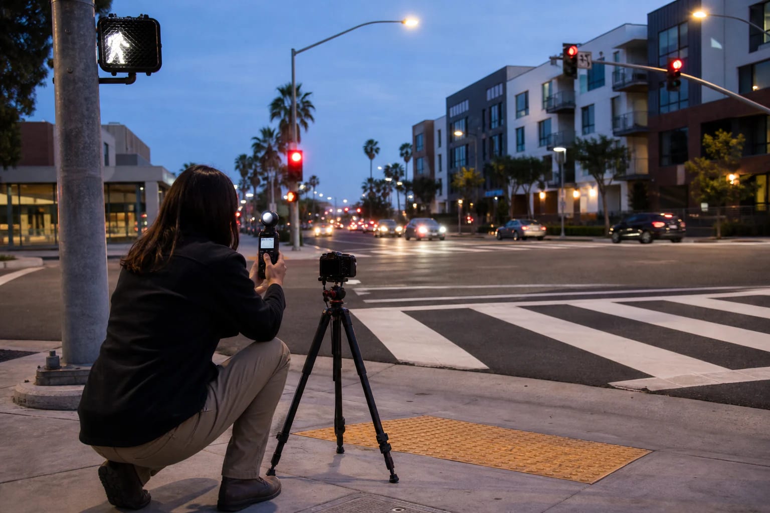 Pedestrian-safety researcher documenting crosswalk lighting and traffic signals at a California intersection at dusk