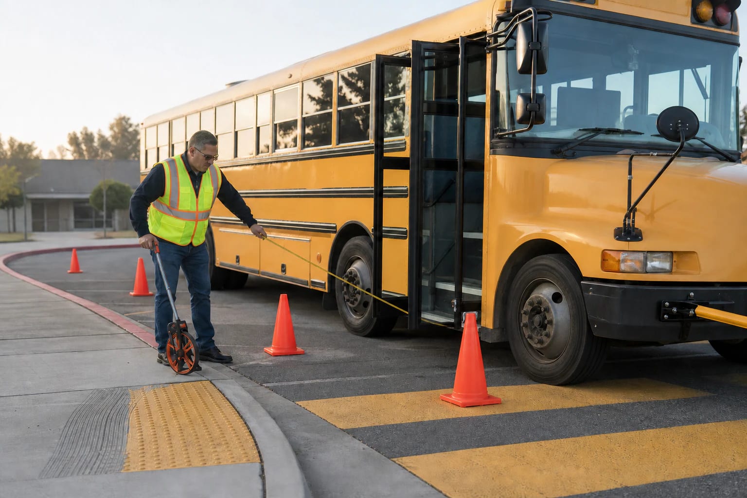 School transportation safety instructor measuring a cone-marked perimeter beside a yellow school bus in a loading zone