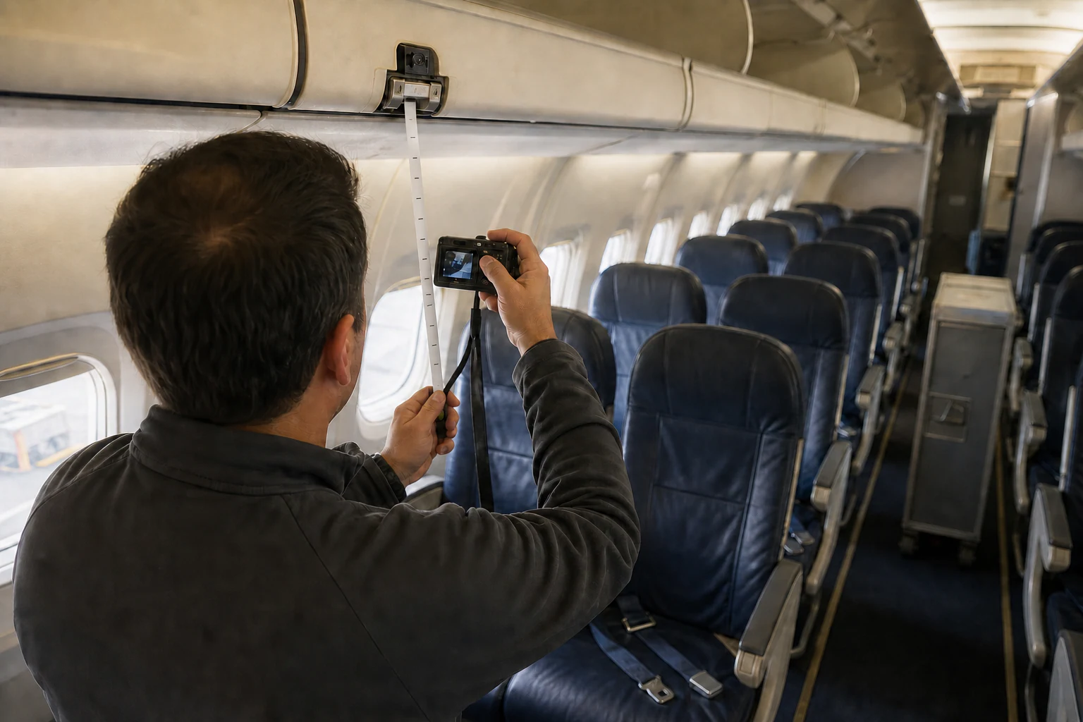 Cabin-safety investigator photographing an overhead-bin latch and measuring an aisle inside an empty passenger aircraft