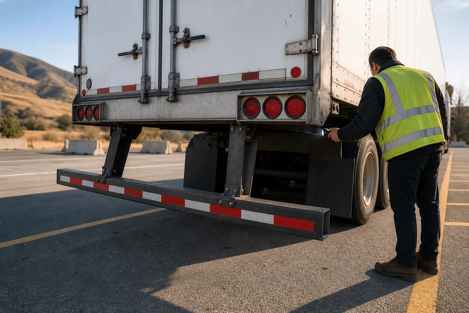Inspector aiming a flashlight toward a stationary trailer’s rear guard mounting area at an outdoor inspection pullout