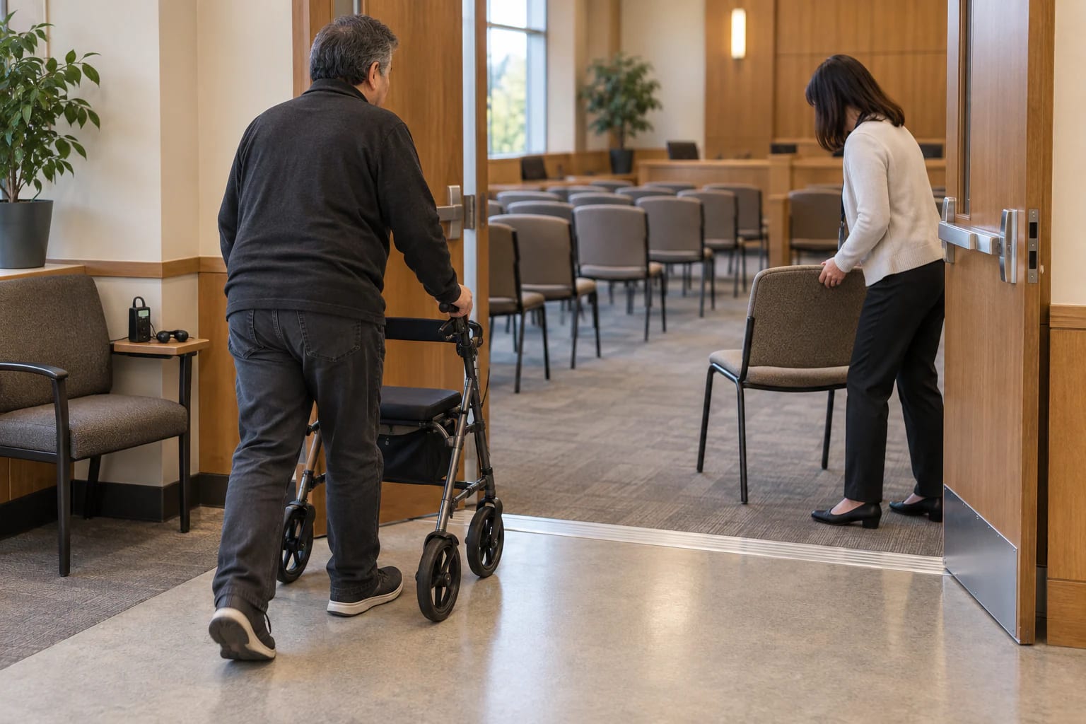 An adult using a rollator approaches accessible hearing-room seating as a staff member clears the aisle.
