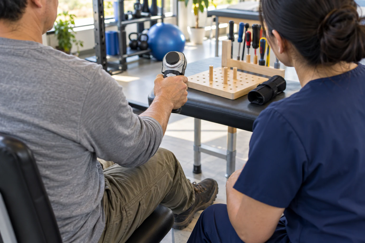 A worker holds a grip dynamometer while a clinician observes beside a therapy pegboard and removable wrist support.