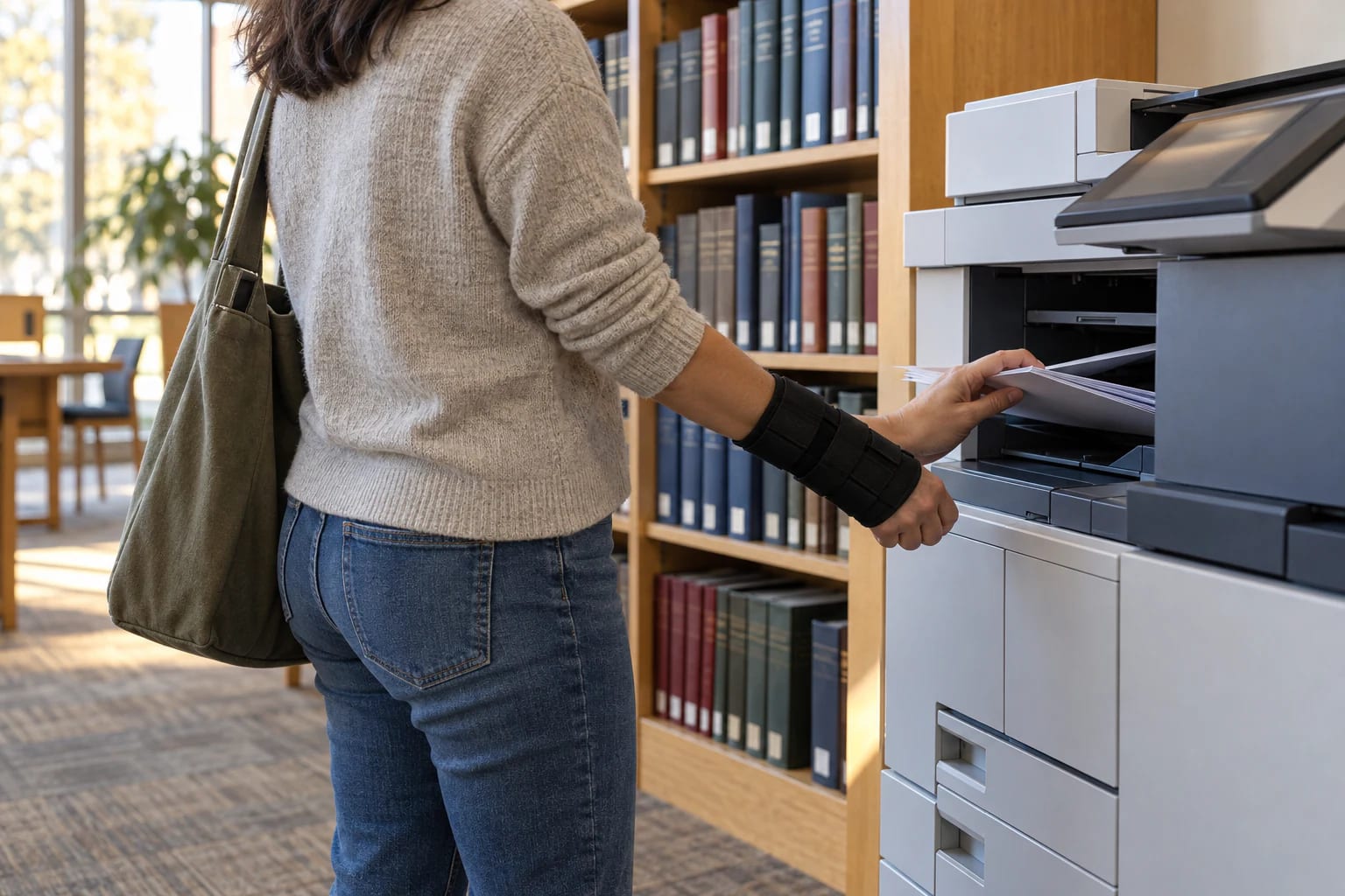 An adult wearing a wrist brace retrieves copies from a self-service photocopier in a public library.
