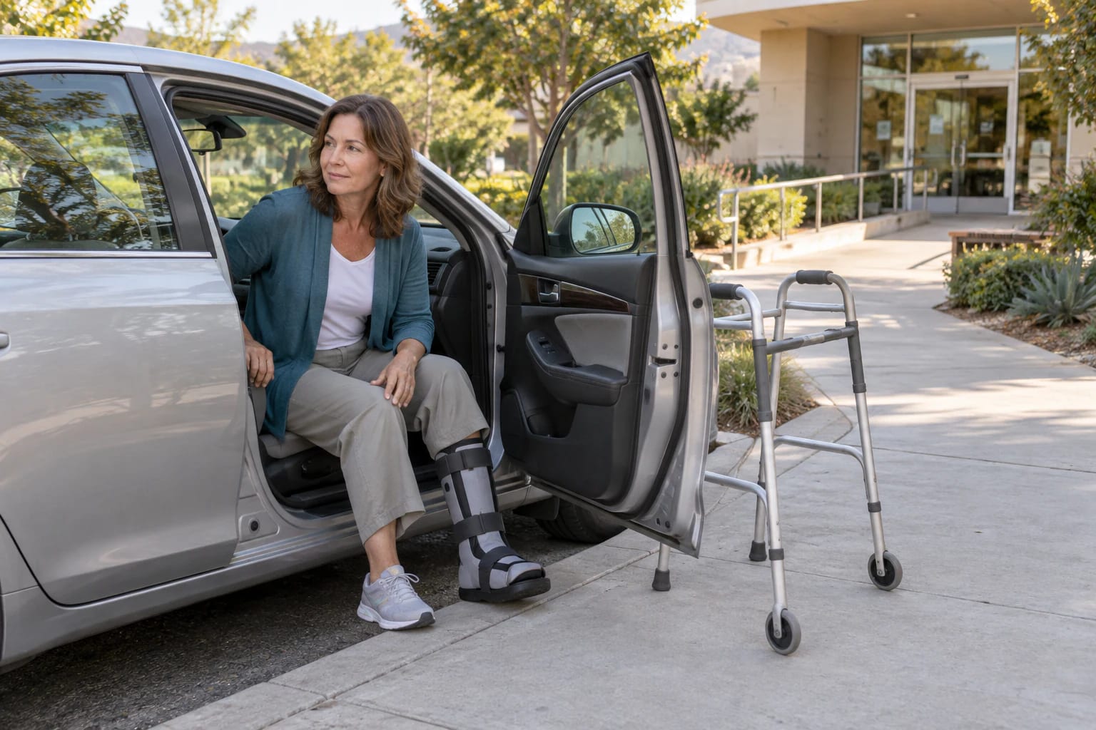 A woman wearing a walking boot sits in a car’s open passenger doorway beside a walker near a clinic entrance.