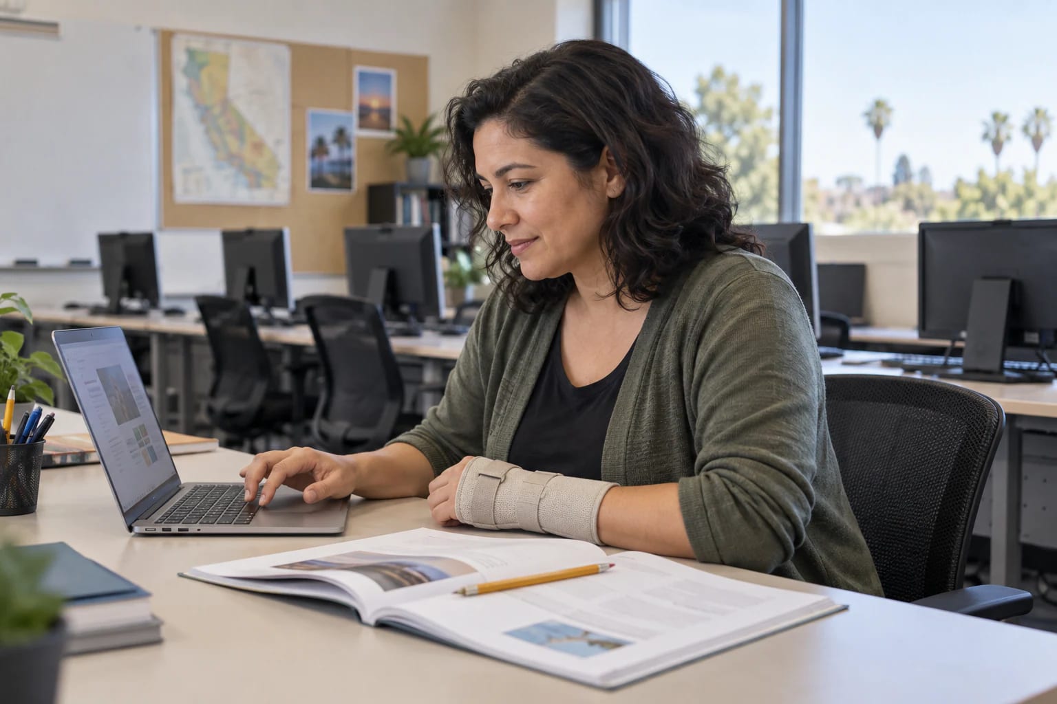 An adult learner wearing a wrist brace uses a laptop beside an open workbook in a computer classroom.
