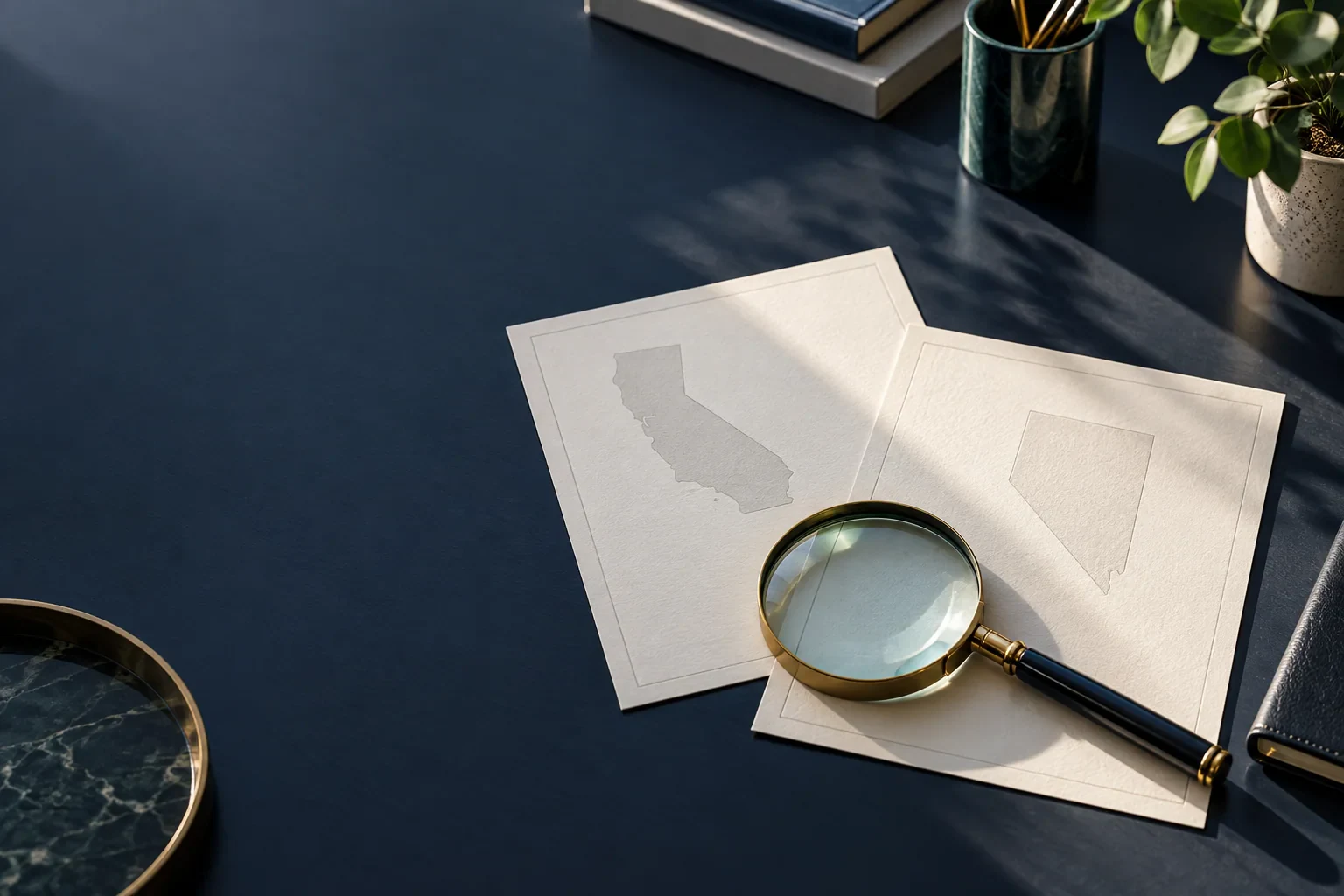 Magnifying glass over California and Nevada outline cards on a dark desk