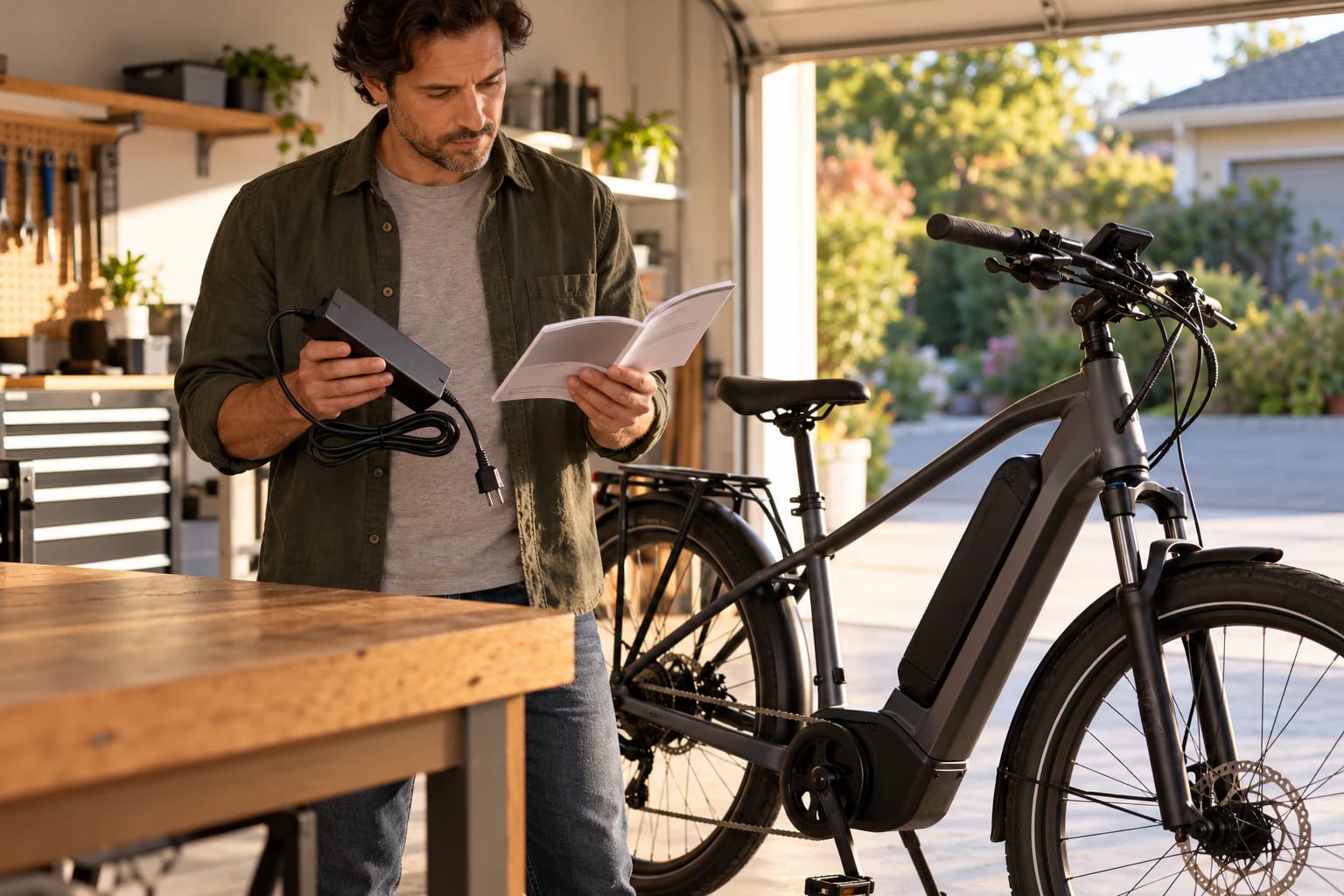 E-bike owner reading a booklet while holding a disconnected charger beside a bicycle