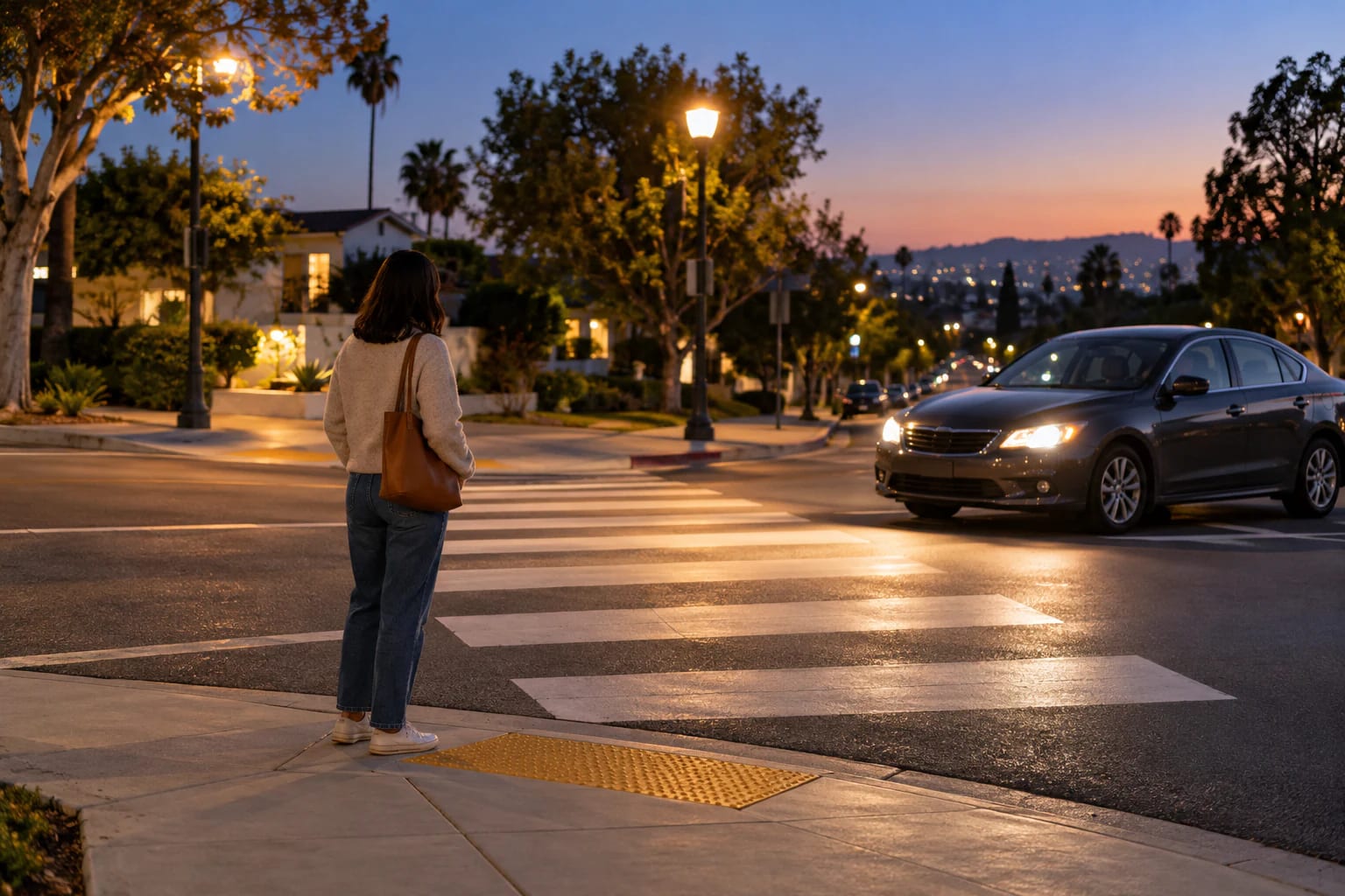 Pedestrian waiting at a marked crosswalk at dusk beside a car with its headlights on